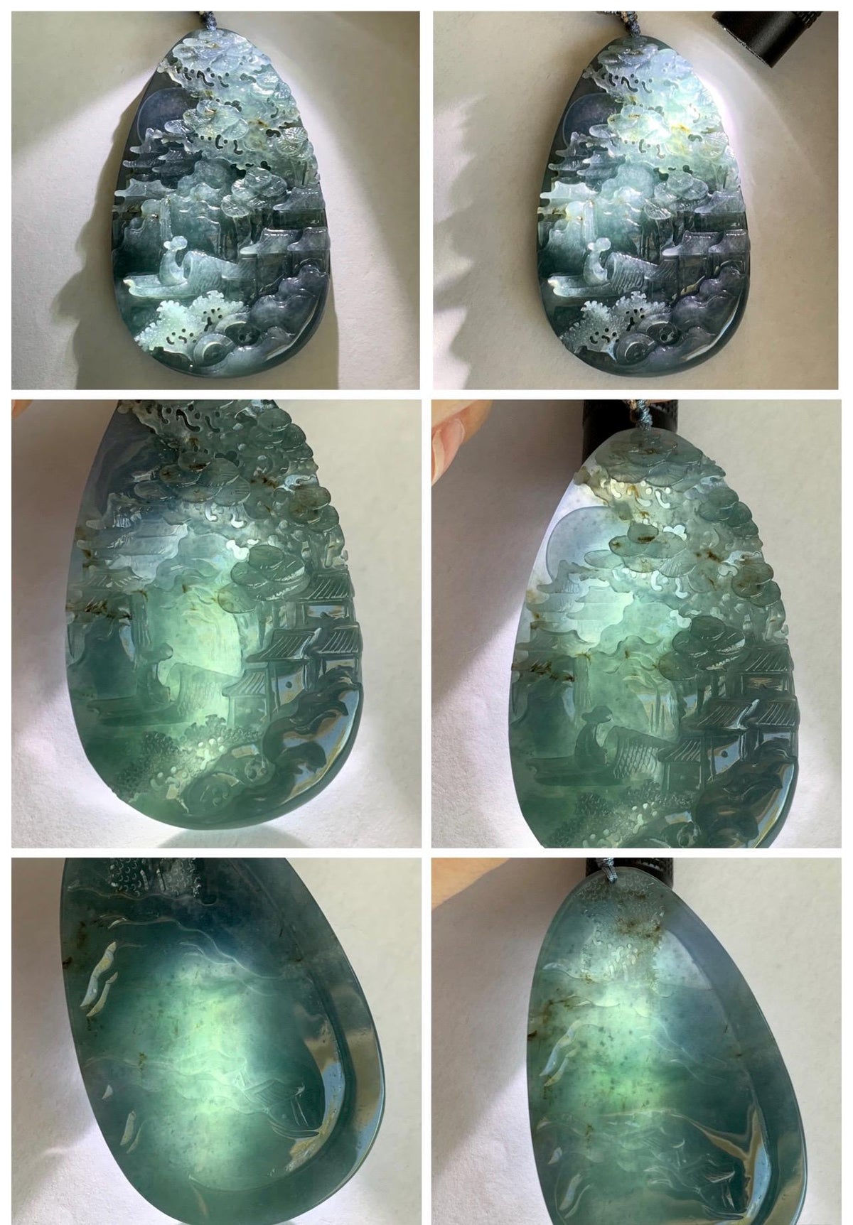 Certified Natural Grade A Guatemalan Icy Translucent Aegean Blue Jade Jadeite Shan Shui Large Pendant Rope Necklace 26” 47g 天然冰危牛仔蓝翡翠山水吊坠915