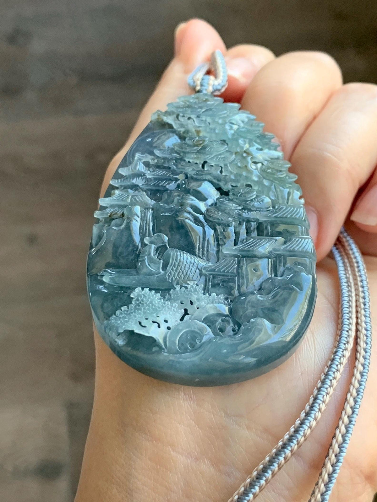 Certified Natural Grade A Guatemalan Icy Translucent Aegean Blue Jade Jadeite Shan Shui Large Pendant Rope Necklace 26” 47g 天然冰危牛仔蓝翡翠山水吊坠915