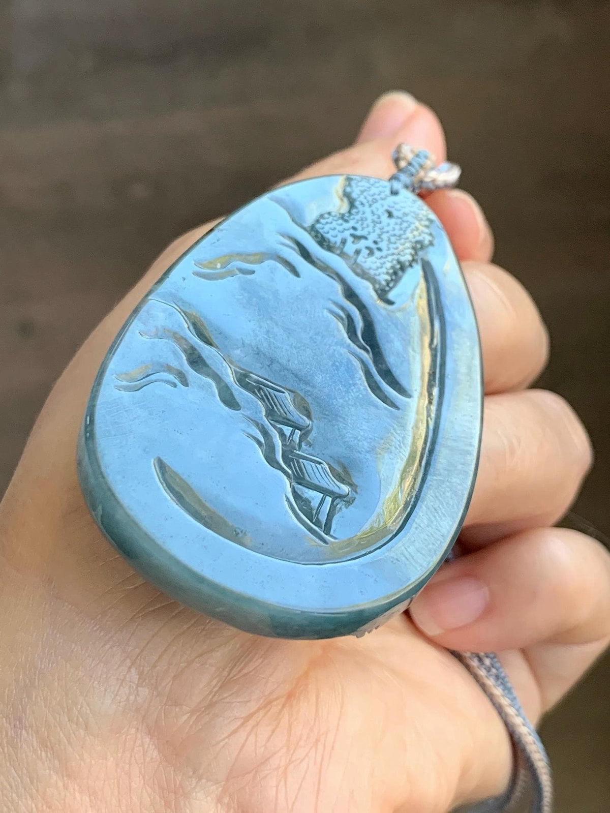 Certified Natural Grade A Guatemalan Icy Translucent Aegean Blue Jade Jadeite Shan Shui Large Pendant Rope Necklace 26” 47g 天然冰危牛仔蓝翡翠山水吊坠915