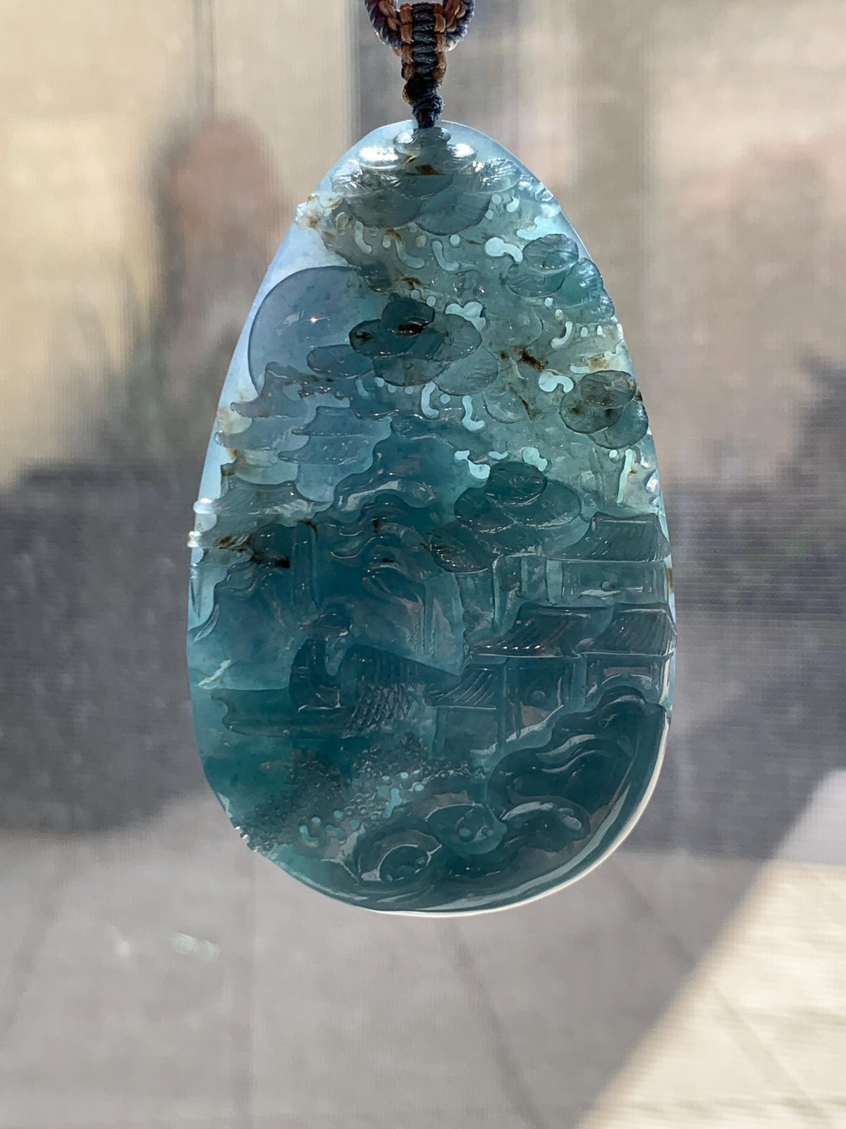 Certified Natural Grade A Guatemalan Icy Translucent Aegean Blue Jade Jadeite Shan Shui Large Pendant Rope Necklace 26” 47g 天然冰危牛仔蓝翡翠山水吊坠915