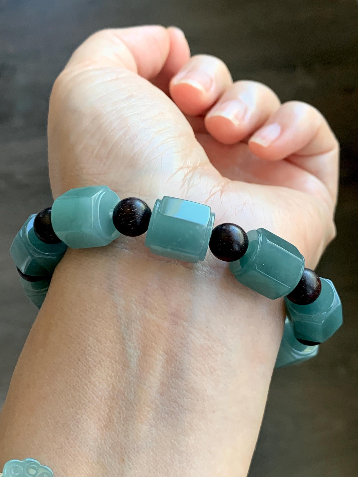 Natural Grade A Guatemalan Icy Translucent Dusty Teal Blue Jade Jadeite Hexagon Barrel Beads Beaded Bracelet 7.5” 46g 天然冰胶危蓝水翡翠六棱珠手串 WLL330