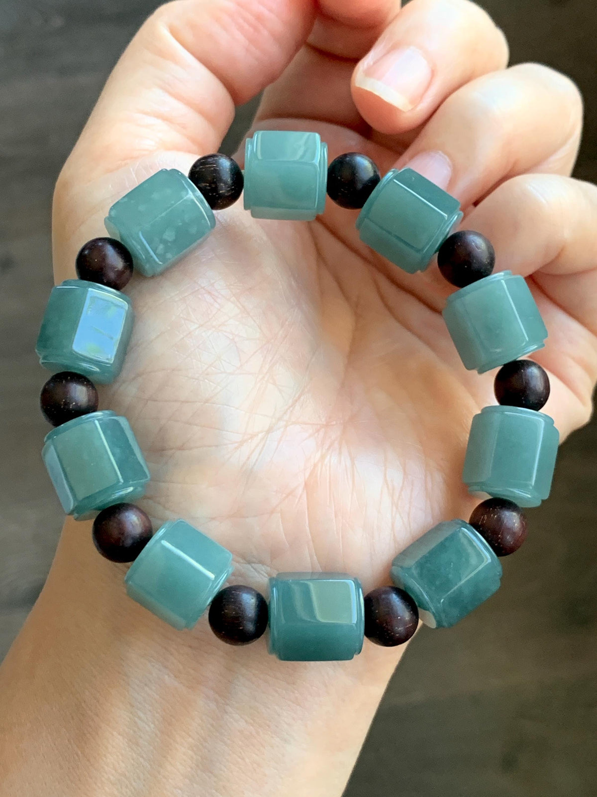 Natural Grade A Guatemalan Icy Translucent Dusty Teal Blue Jade Jadeite Hexagon Barrel Beads Beaded Bracelet 7.5” 46g 天然冰胶危蓝水翡翠六棱珠手串 WLL330