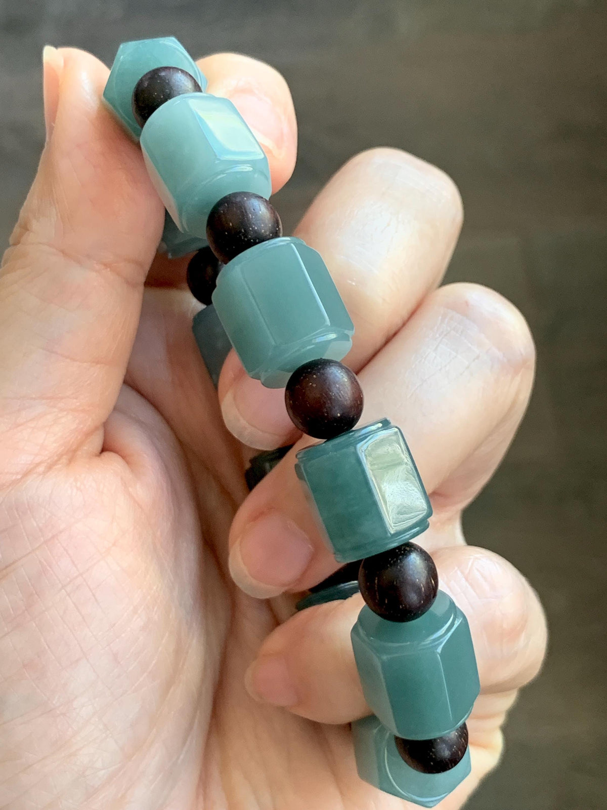 Natural Grade A Guatemalan Icy Translucent Dusty Teal Blue Jade Jadeite Hexagon Barrel Beads Beaded Bracelet 7.5” 46g 天然冰胶危蓝水翡翠六棱珠手串 WLL330