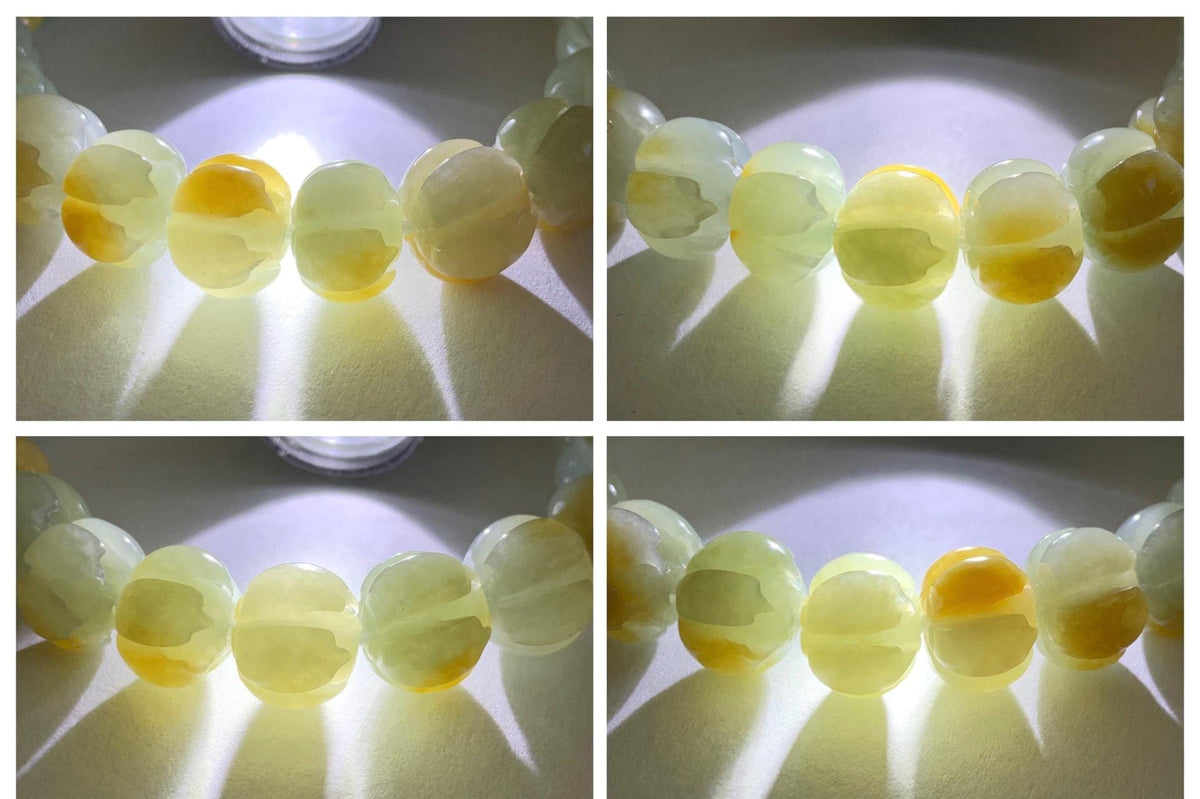 Certified Natural Grade A Icy Translucent Pale Green Yellow Marbled Jade Jadeite Lotus Flower Beads Beaded Bracelet 6.75” 天然冰胶绿加黄翡翠莲花珠手串 957