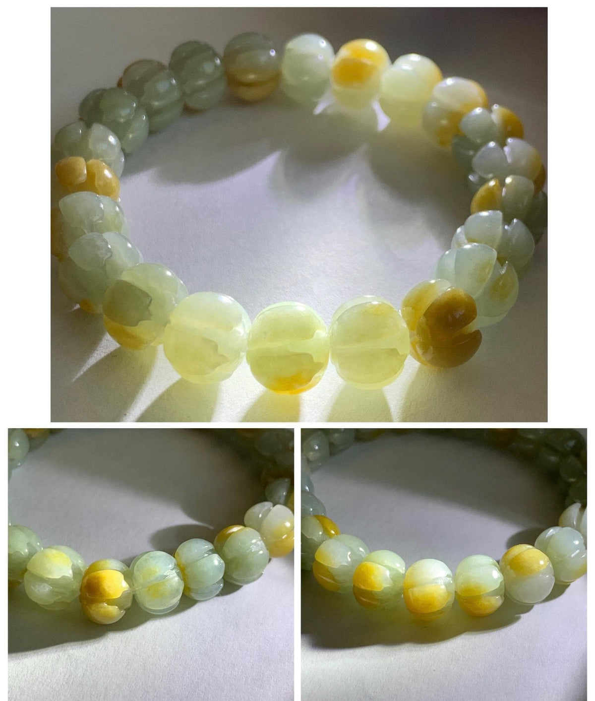 Certified Natural Grade A Icy Translucent Pale Green Yellow Marbled Jade Jadeite Lotus Flower Beads Beaded Bracelet 6.75” 天然冰胶绿加黄翡翠莲花珠手串 957
