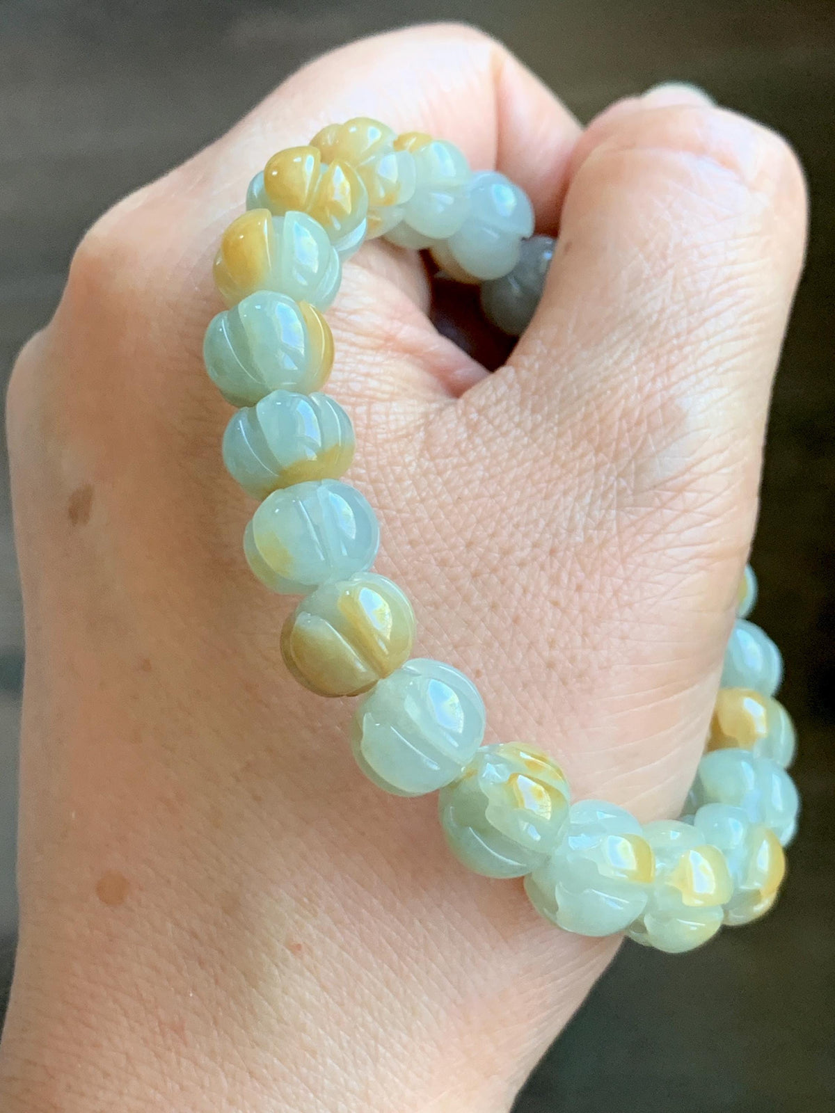 Certified Natural Grade A Icy Translucent Pale Green Yellow Marbled Jade Jadeite Lotus Flower Beads Beaded Bracelet 6.75” 天然冰胶绿加黄翡翠莲花珠手串 957