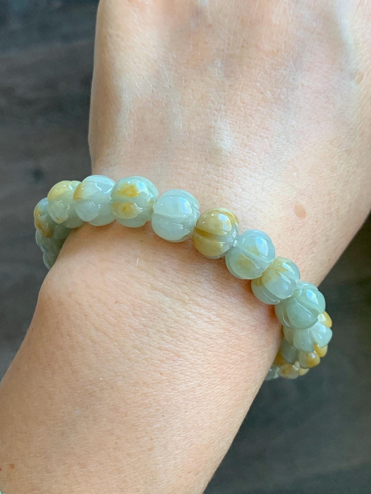 Certified Natural Grade A Icy Translucent Pale Green Yellow Marbled Jade Jadeite Lotus Flower Beads Beaded Bracelet 6.75” 天然冰胶绿加黄翡翠莲花珠手串 957