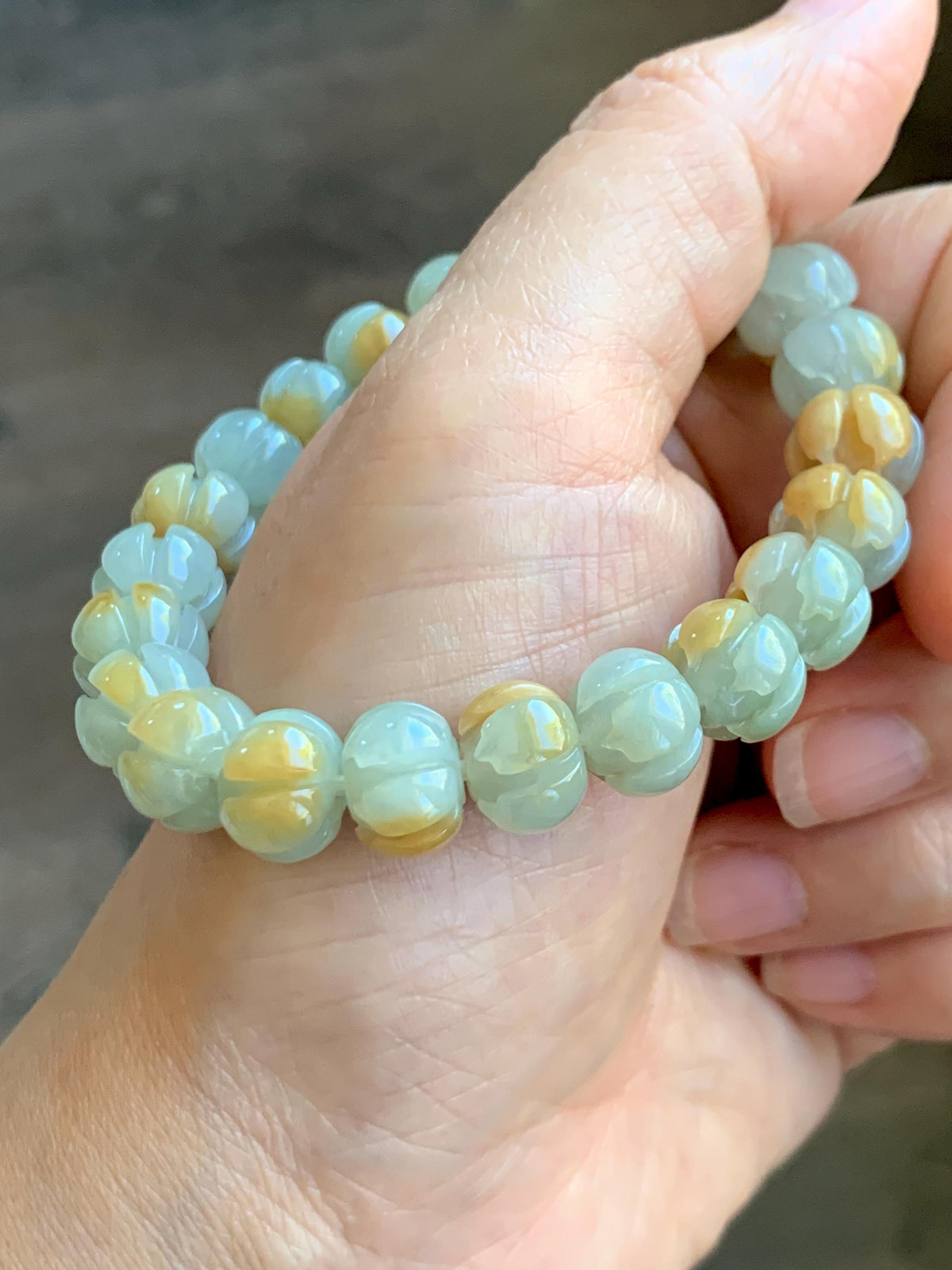 Certified Natural Grade A Icy Translucent Pale Green Yellow Marbled Jade Jadeite Lotus Flower Beads Beaded Bracelet 6.75” 天然冰胶绿加黄翡翠莲花珠手串 957
