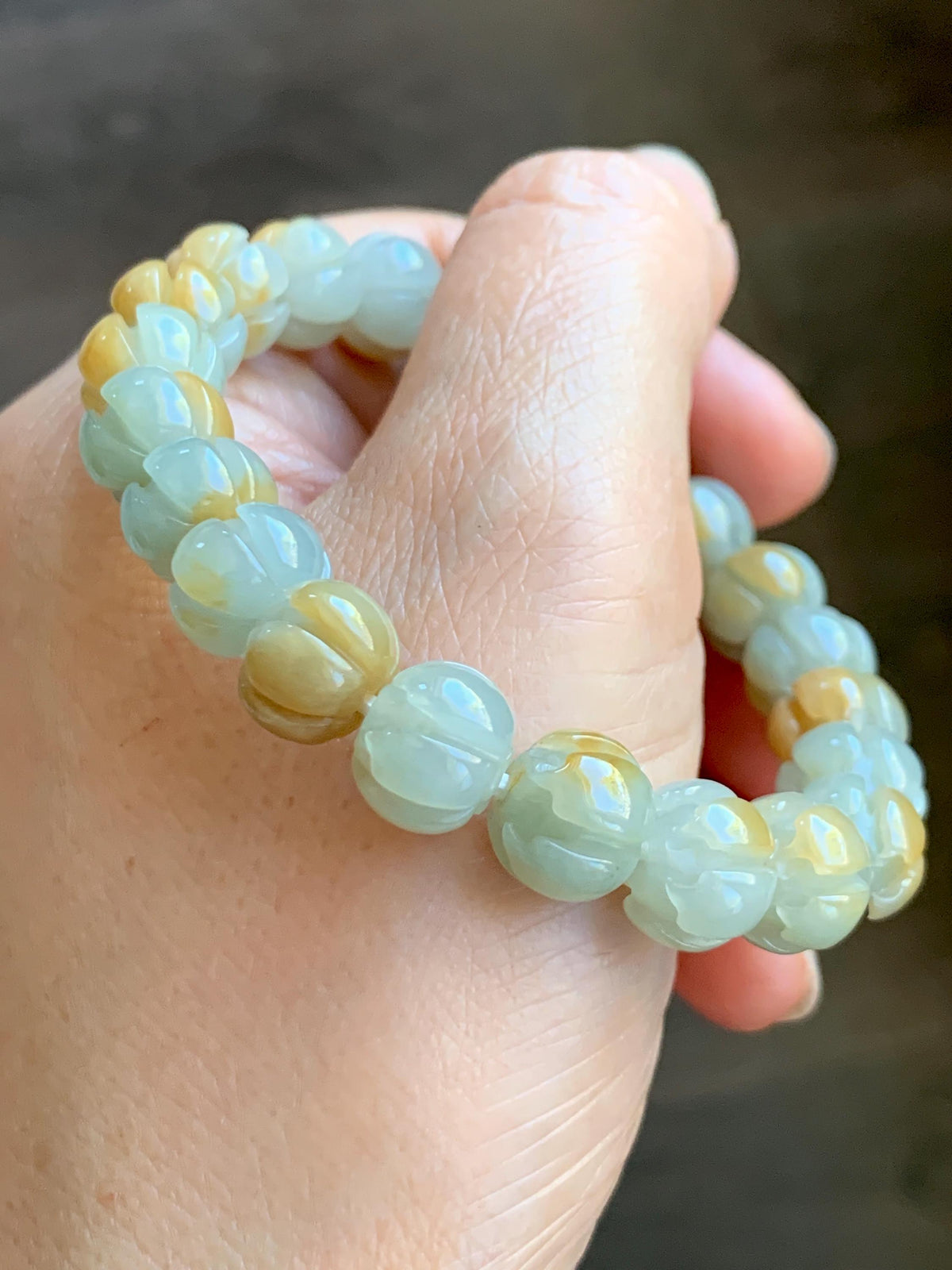 Certified Natural Grade A Icy Translucent Pale Green Yellow Marbled Jade Jadeite Lotus Flower Beads Beaded Bracelet 6.75” 天然冰胶绿加黄翡翠莲花珠手串 957