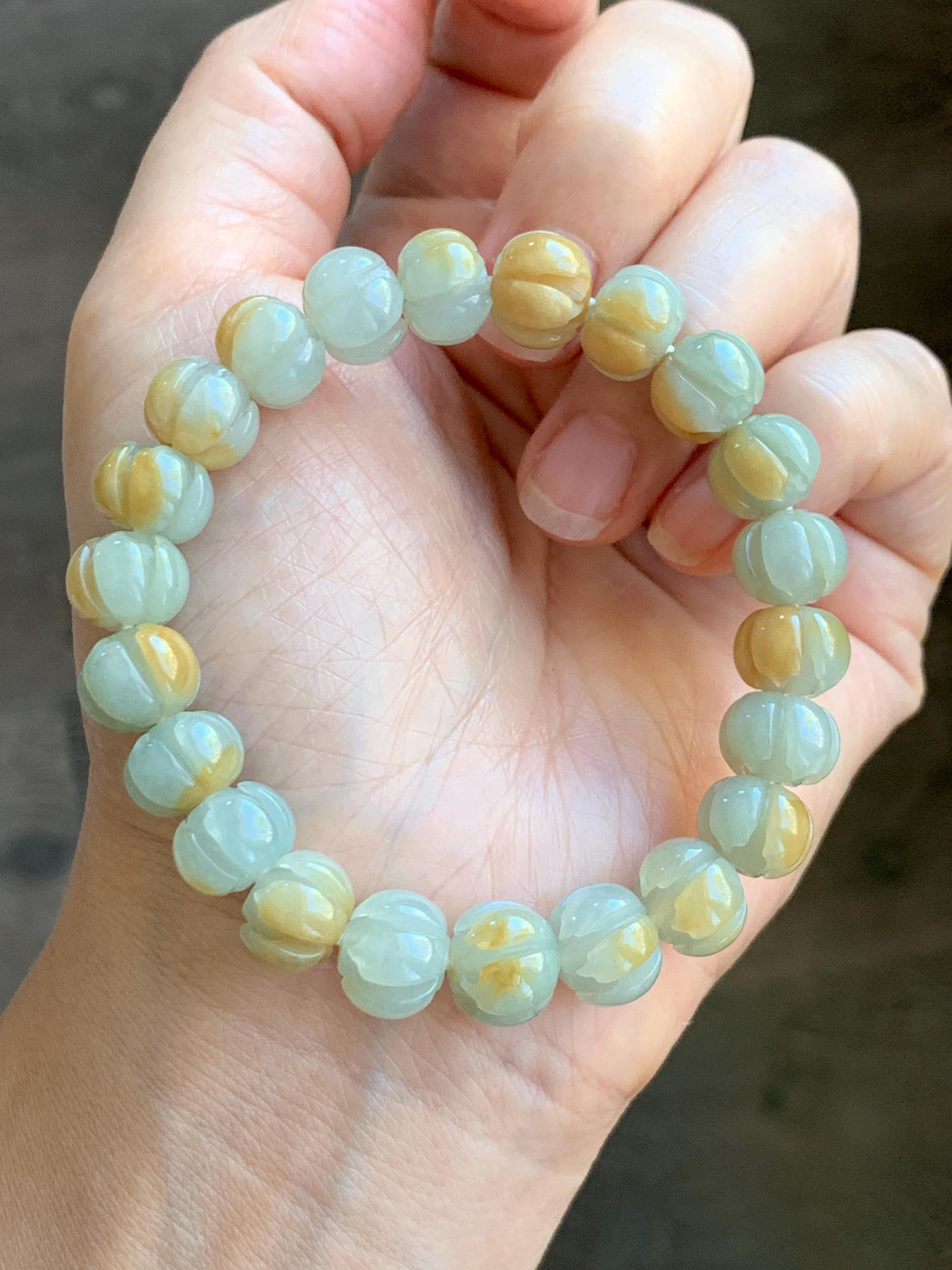 Certified Natural Grade A Icy Translucent Pale Green Yellow Marbled Jade Jadeite Lotus Flower Beads Beaded Bracelet 6.75” 天然冰胶绿加黄翡翠莲花珠手串 957