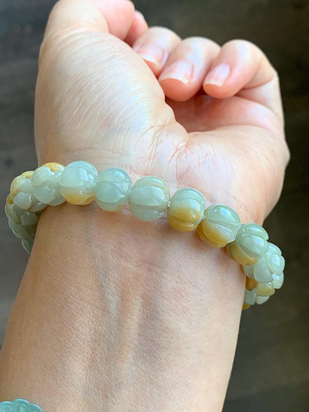Certified Natural Grade A Icy Translucent Pale Green Yellow Marbled Jade Jadeite Lotus Flower Beads Beaded Bracelet 6.75” 天然冰胶绿加黄翡翠莲花珠手串 957