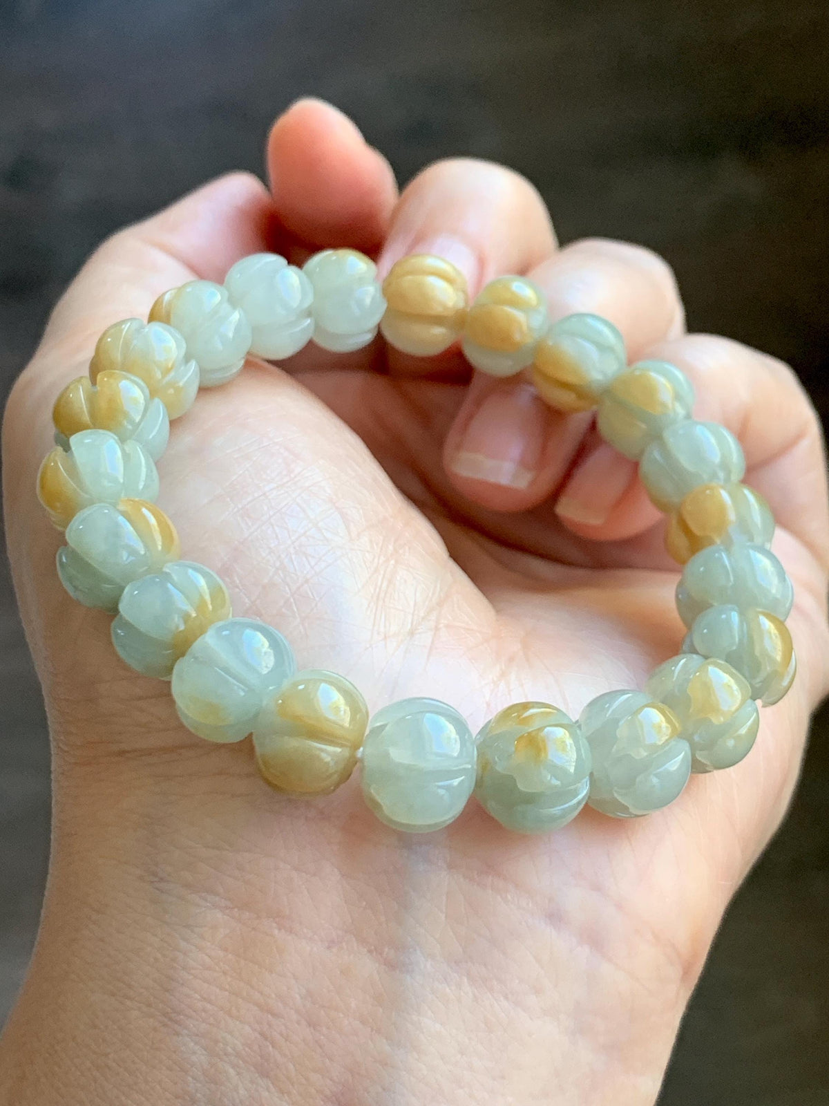Certified Natural Grade A Icy Translucent Pale Green Yellow Marbled Jade Jadeite Lotus Flower Beads Beaded Bracelet 6.75” 天然冰胶绿加黄翡翠莲花珠手串 957