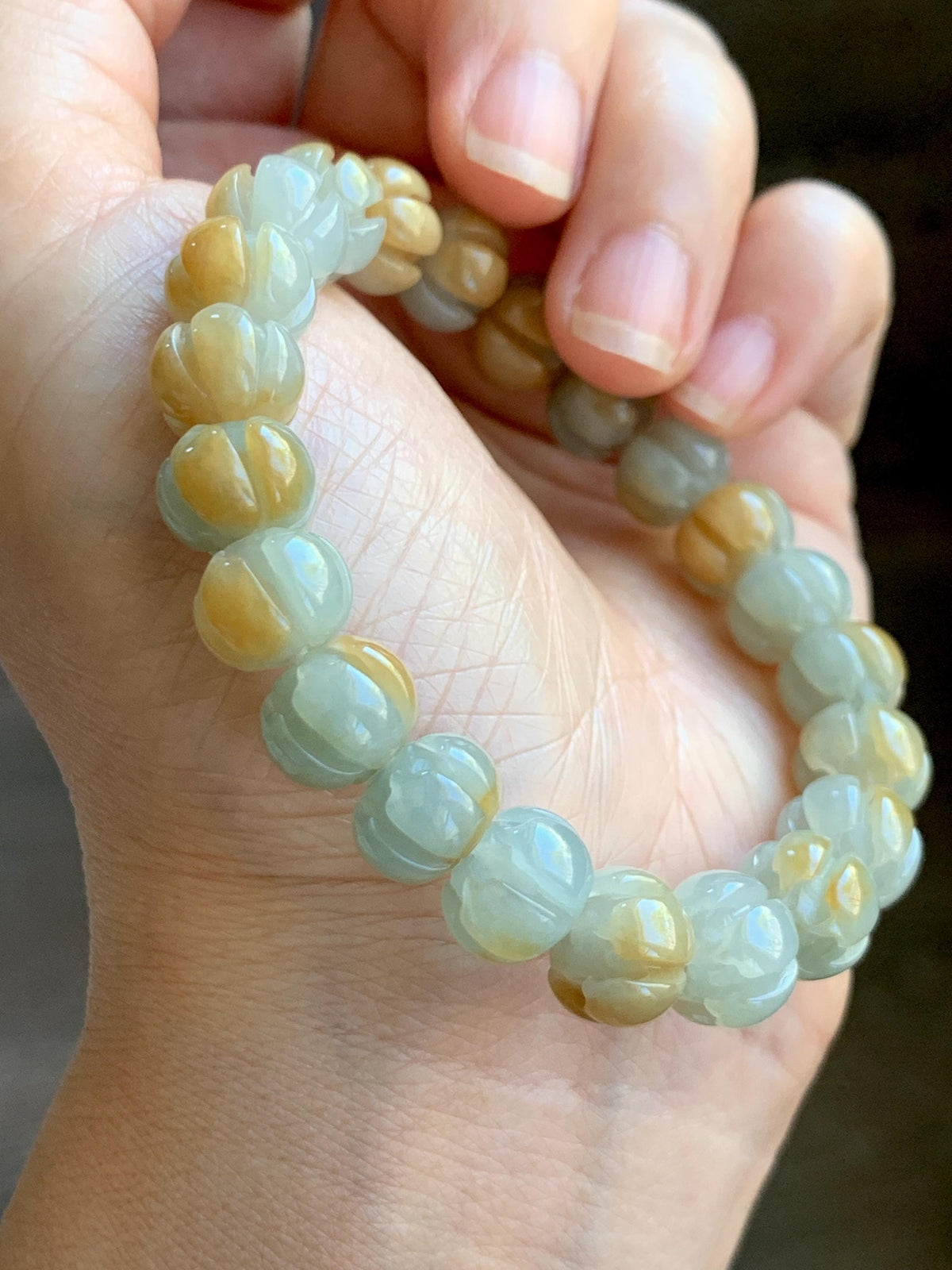 Certified Natural Grade A Icy Translucent Pale Green Yellow Marbled Jade Jadeite Lotus Flower Beads Beaded Bracelet 6.75” 天然冰胶绿加黄翡翠莲花珠手串 957