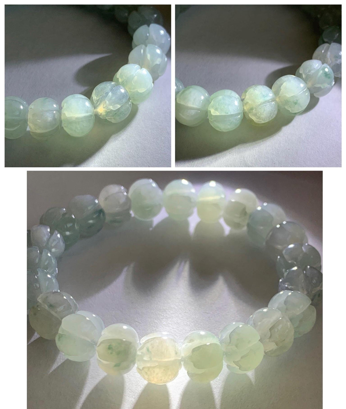 Certified Natural Grade A Icy Translucent White Teal Green Marbled Jade Jadeite Lotus Flower Beads Beaded Bracelet 6.75” 天然冰胶飘花翡翠莲花珠手串 958