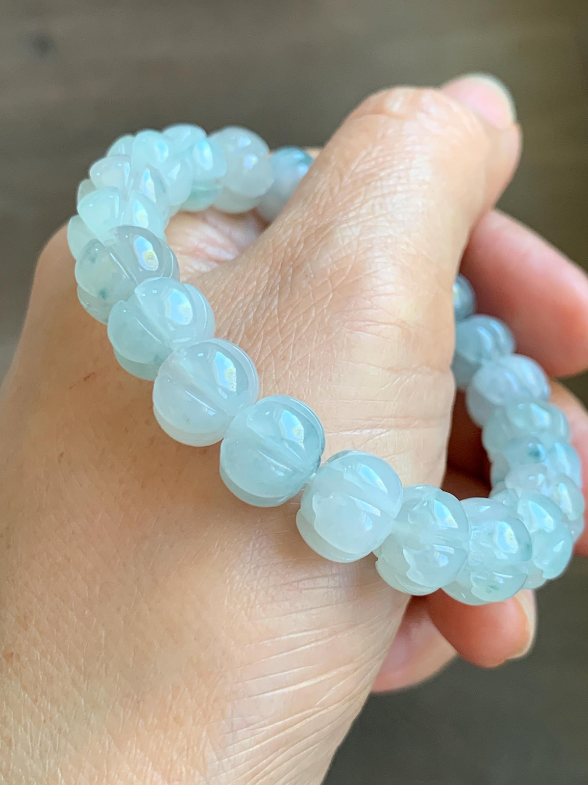 Certified Natural Grade A Icy Translucent White Teal Green Marbled Jade Jadeite Lotus Flower Beads Beaded Bracelet 6.75” 天然冰胶飘花翡翠莲花珠手串 958