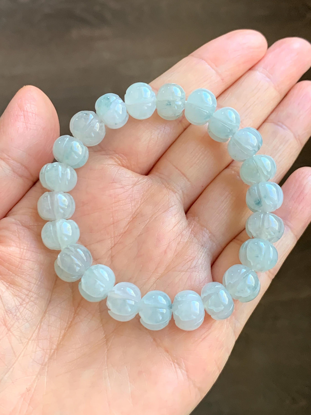 Certified Natural Grade A Icy Translucent White Teal Green Marbled Jade Jadeite Lotus Flower Beads Beaded Bracelet 6.75” 天然冰胶飘花翡翠莲花珠手串 958