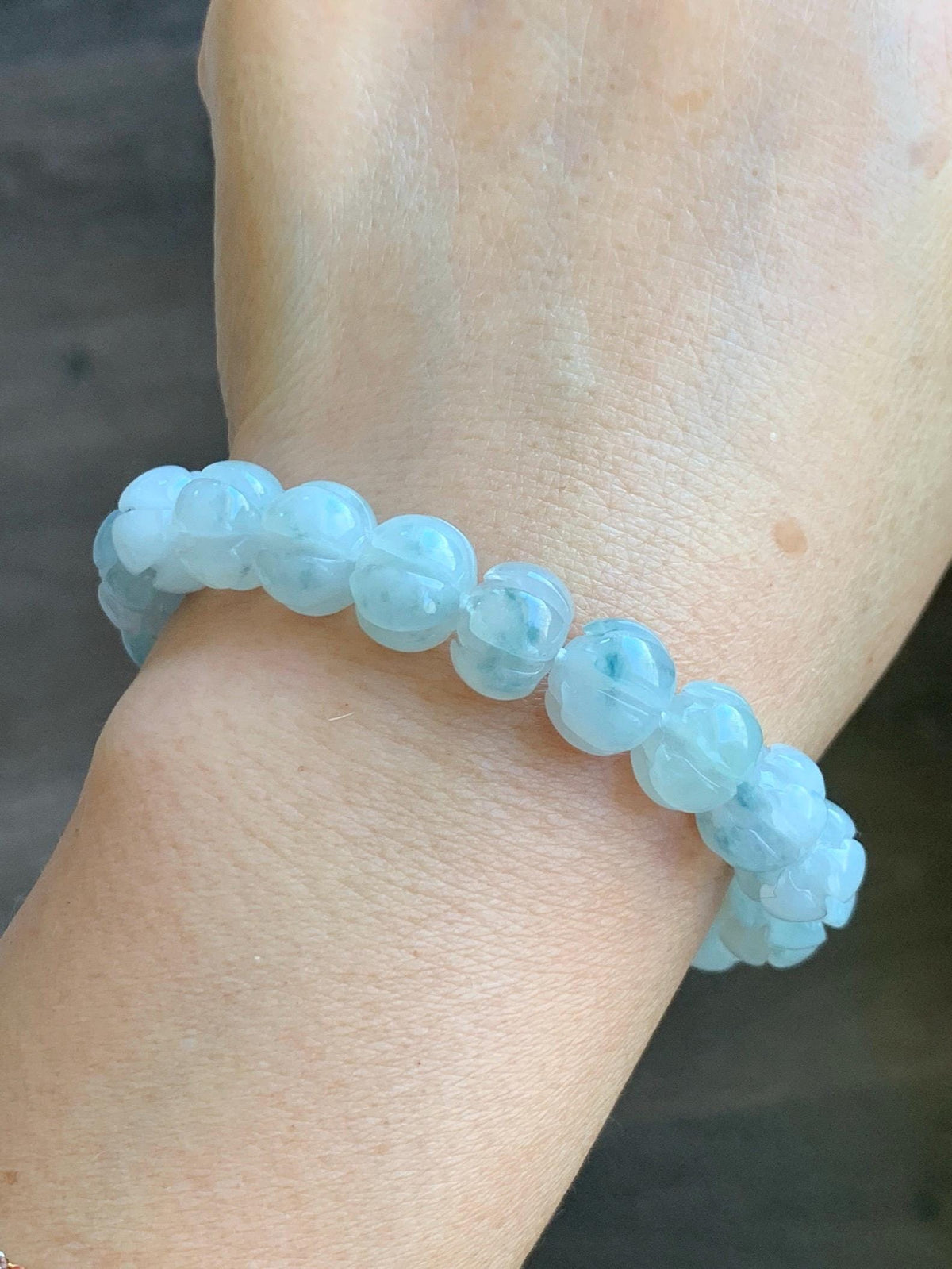 Certified Natural Grade A Icy Translucent White Teal Green Marbled Jade Jadeite Lotus Flower Beads Beaded Bracelet 6.75” 天然冰胶飘花翡翠莲花珠手串 958
