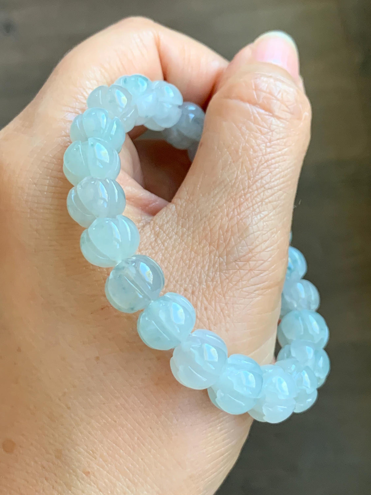 Certified Natural Grade A Icy Translucent White Teal Green Marbled Jade Jadeite Lotus Flower Beads Beaded Bracelet 6.75” 天然冰胶飘花翡翠莲花珠手串 958