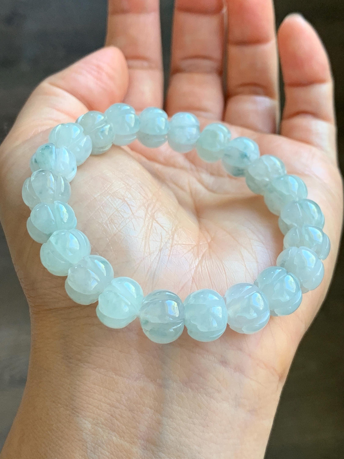 Certified Natural Grade A Icy Translucent White Teal Green Marbled Jade Jadeite Lotus Flower Beads Beaded Bracelet 6.75” 天然冰胶飘花翡翠莲花珠手串 958