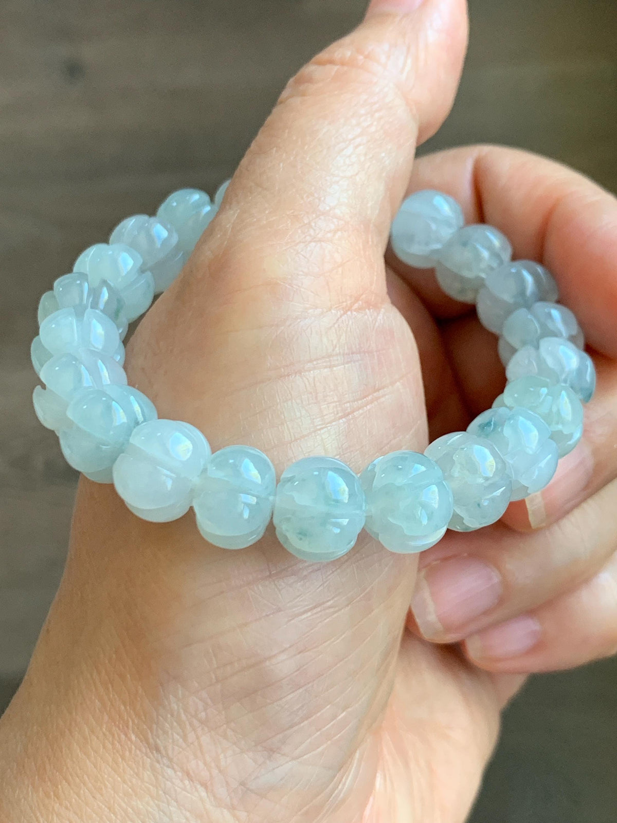 Certified Natural Grade A Icy Translucent White Teal Green Marbled Jade Jadeite Lotus Flower Beads Beaded Bracelet 6.75” 天然冰胶飘花翡翠莲花珠手串 958