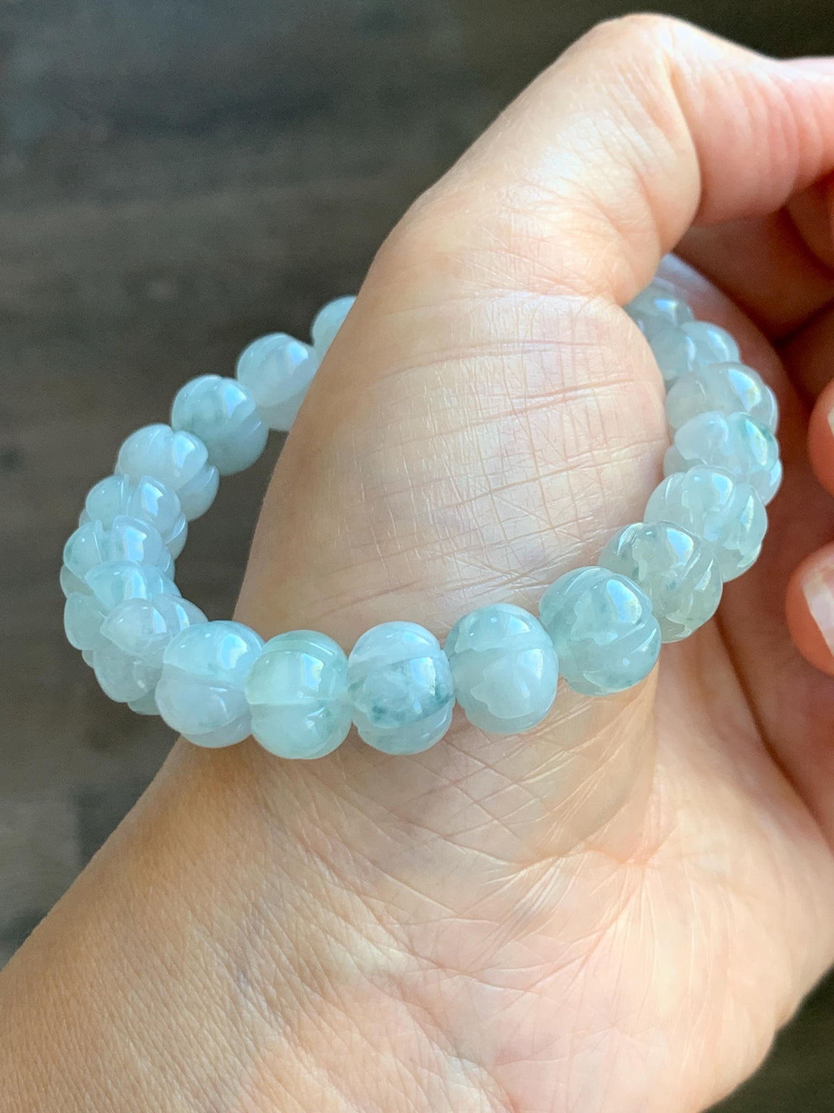 Certified Natural Grade A Icy Translucent White Teal Green Marbled Jade Jadeite Lotus Flower Beads Beaded Bracelet 6.75” 天然冰胶飘花翡翠莲花珠手串 958