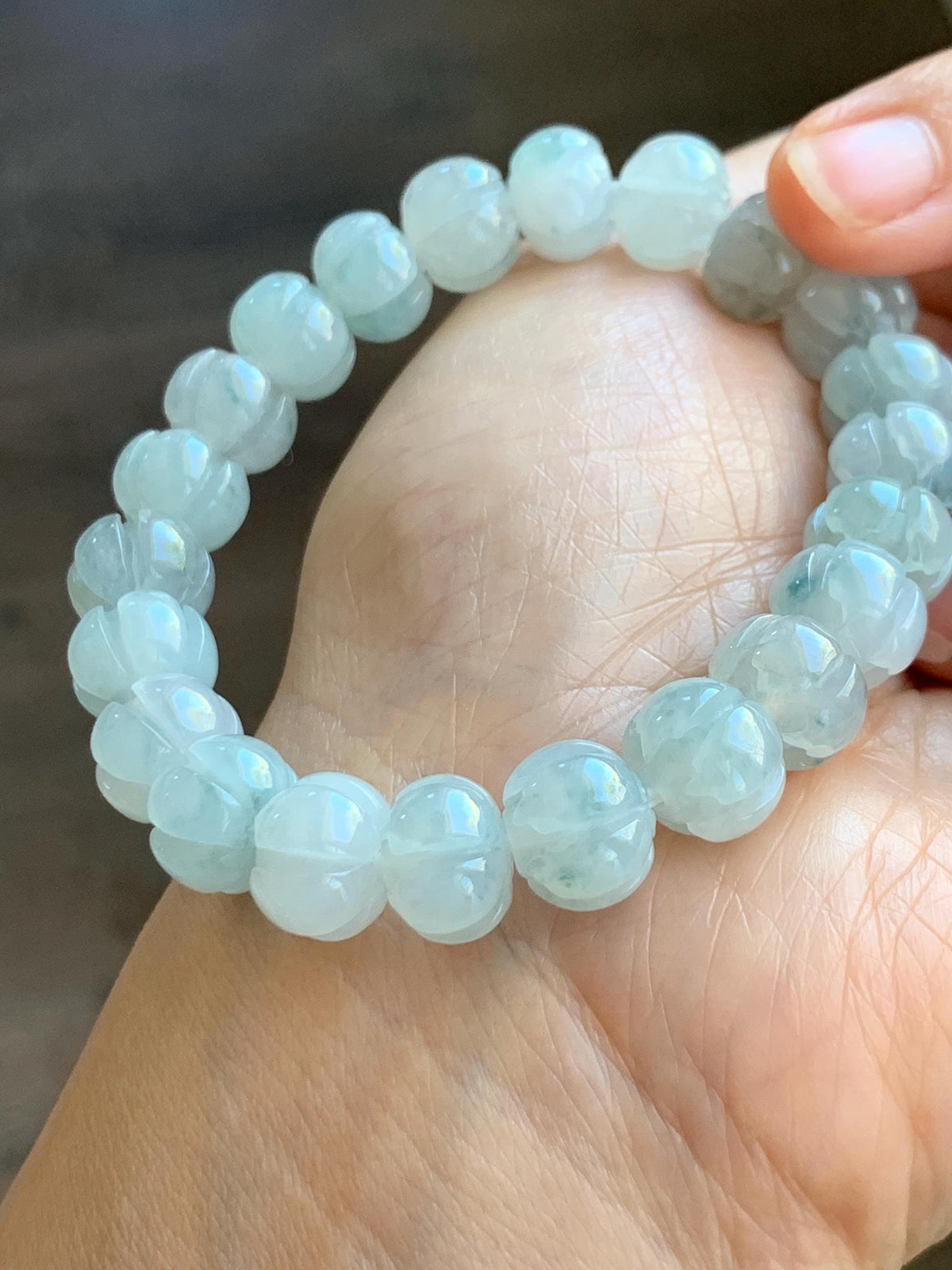 Certified Natural Grade A Icy Translucent White Teal Green Marbled Jade Jadeite Lotus Flower Beads Beaded Bracelet 6.75” 天然冰胶飘花翡翠莲花珠手串 958