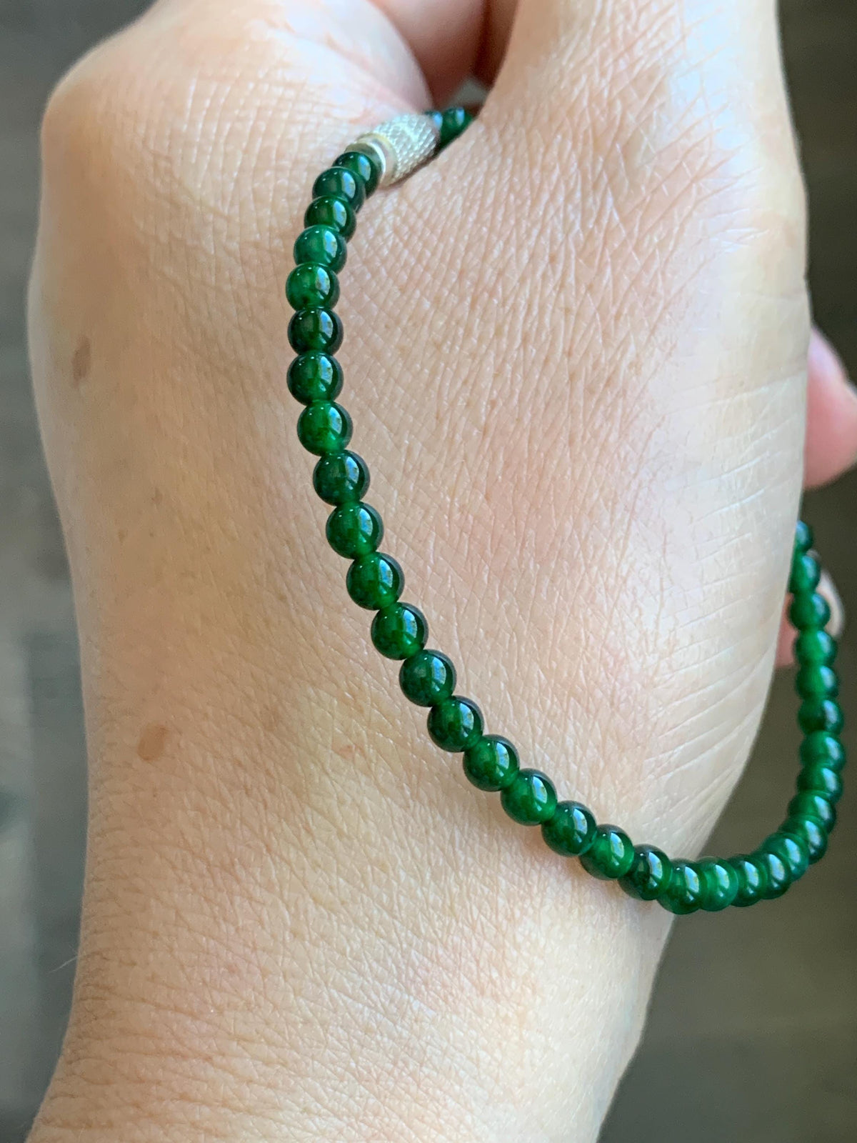 Natural Grade A Guatemalan Icy Translucent Rich Green Jade Jadeite Petite Beads Beaded Bracelet 7.25” 3.8mm 5g 天然冰危浓绿翡翠小卡圆珠手串 WLX380A