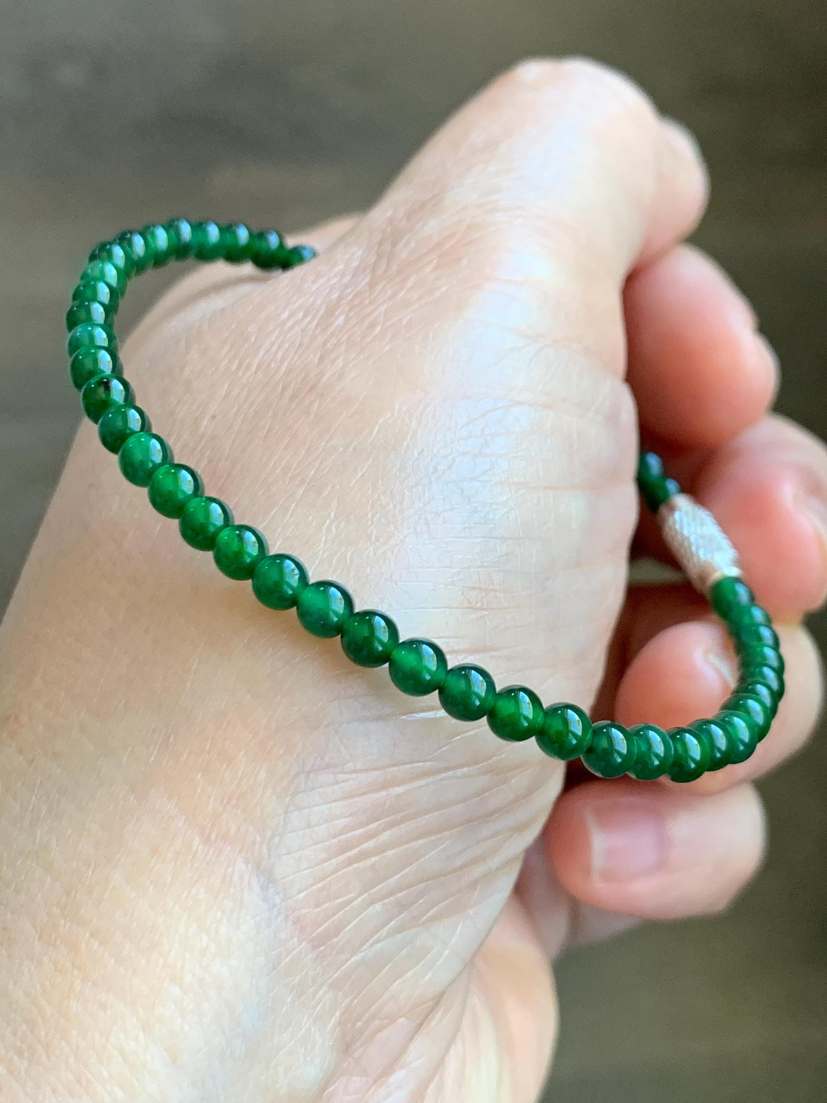 Natural Grade A Guatemalan Icy Translucent Rich Green Jade Jadeite Petite Beads Beaded Bracelet 7.25” 3.8mm 5g 天然冰危浓绿翡翠小卡圆珠手串 WLX380A