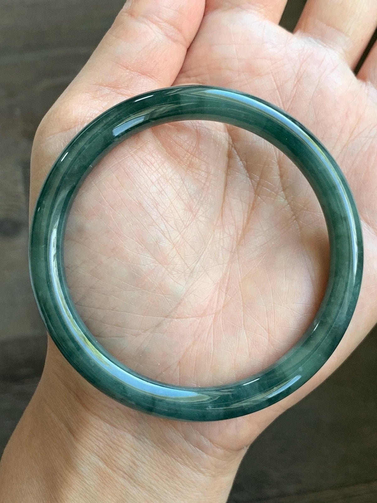 Certified Natural Grade A Guatemalan Icy Translucent Dark Dusty Teal Green Jade Jadeite Bangle Bracelet 59.4mm 7.34” 34g 天然冰危深蓝绿翡翠圆条手镯 976