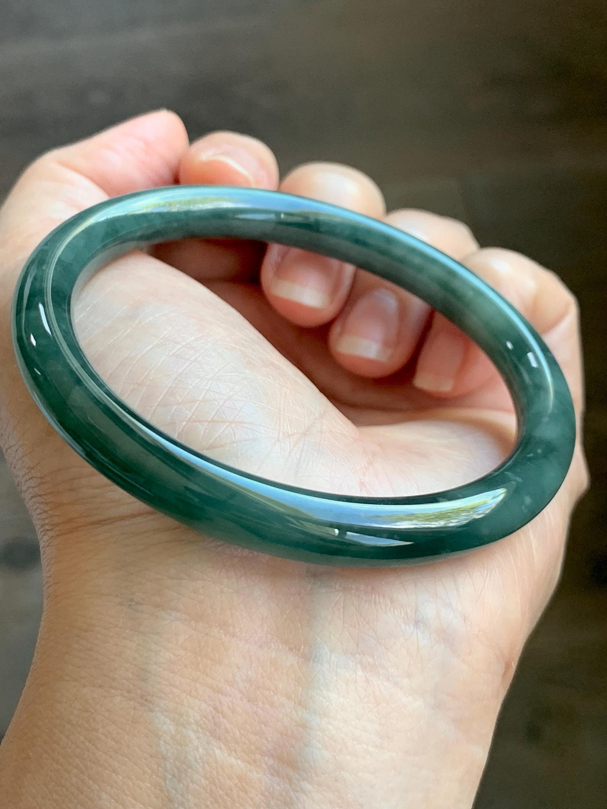 Certified Natural Grade A Guatemalan Icy Translucent Dark Dusty Teal Green Jade Jadeite Bangle Bracelet 59.4mm 7.34” 34g 天然冰危深蓝绿翡翠圆条手镯 976