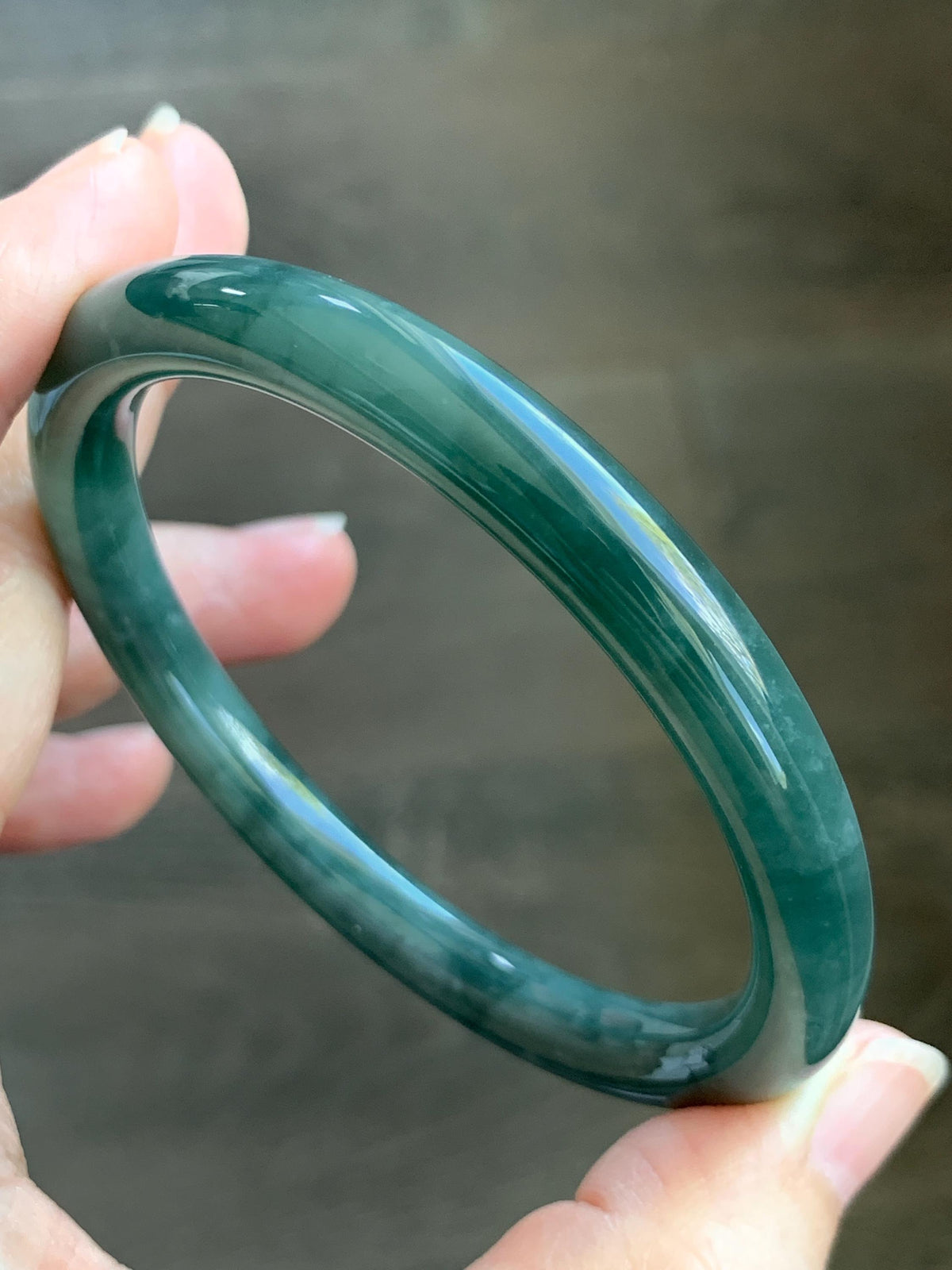 Certified Natural Grade A Guatemalan Icy Translucent Dark Dusty Teal Green Jade Jadeite Bangle Bracelet 59.4mm 7.34” 34g 天然冰危深蓝绿翡翠圆条手镯 976
