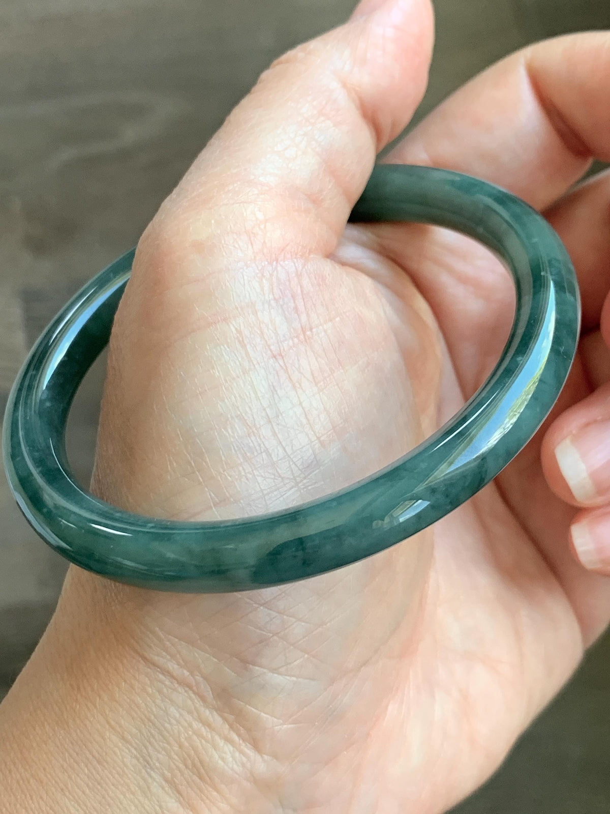 Certified Natural Grade A Guatemalan Icy Translucent Dark Dusty Teal Green Jade Jadeite Bangle Bracelet 59.4mm 7.34” 34g 天然冰危深蓝绿翡翠圆条手镯 976