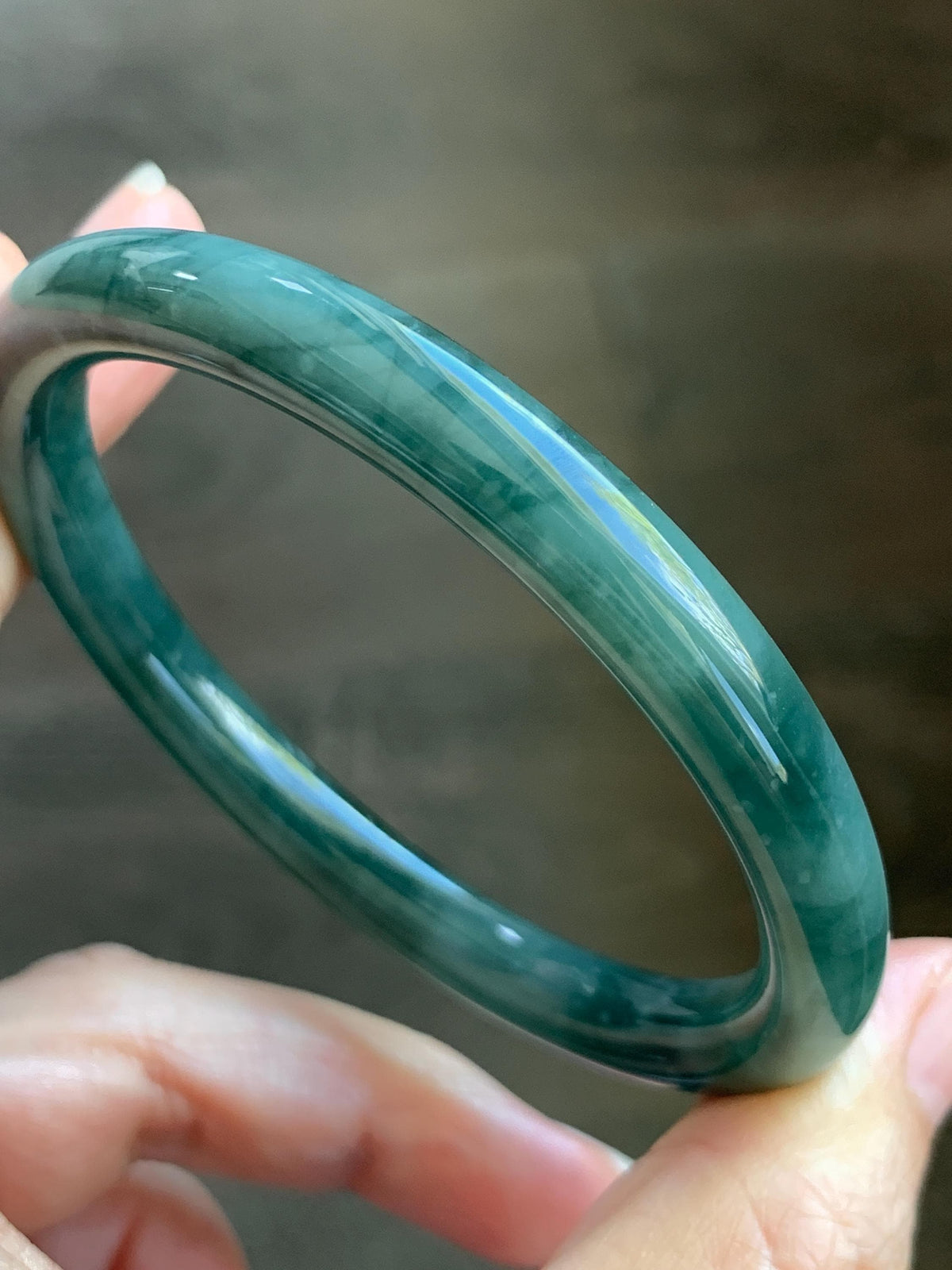 Certified Natural Grade A Guatemalan Icy Translucent Dark Dusty Teal Green Jade Jadeite Bangle Bracelet 59.4mm 7.34” 34g 天然冰危深蓝绿翡翠圆条手镯 976