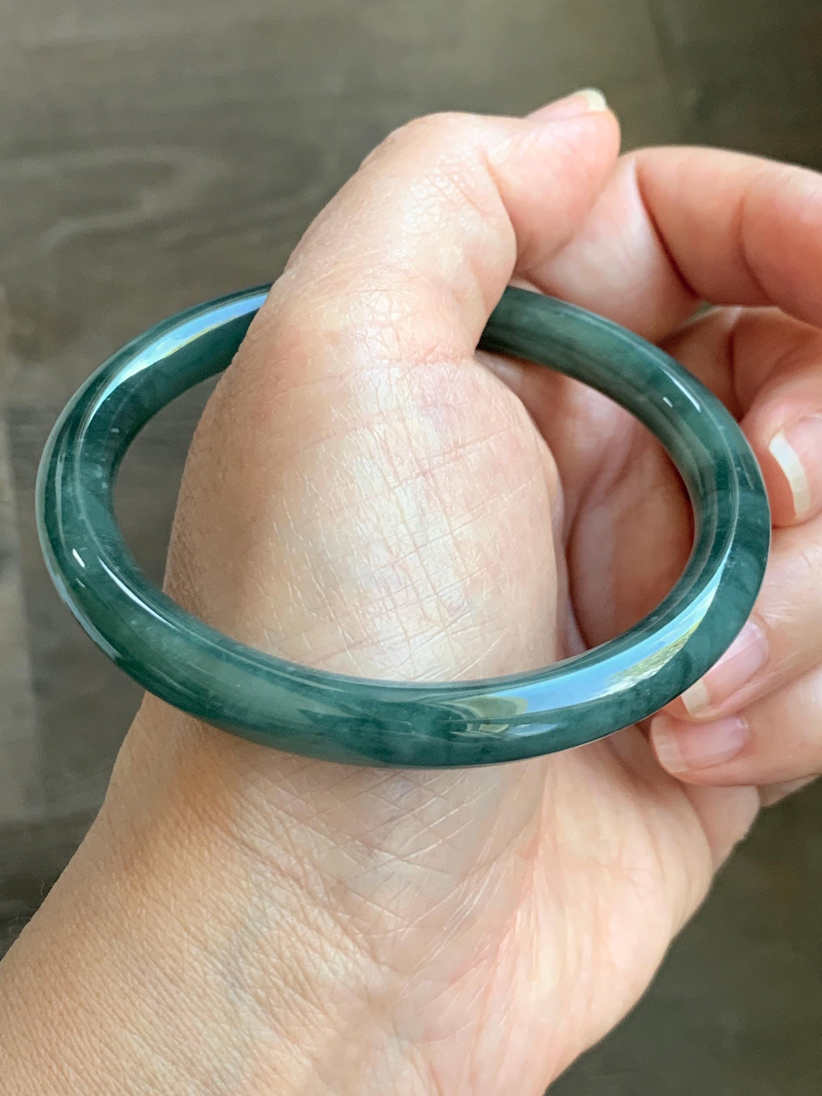 Certified Natural Grade A Guatemalan Icy Translucent Dark Dusty Teal Green Jade Jadeite Bangle Bracelet 59.4mm 7.34” 34g 天然冰危深蓝绿翡翠圆条手镯 976