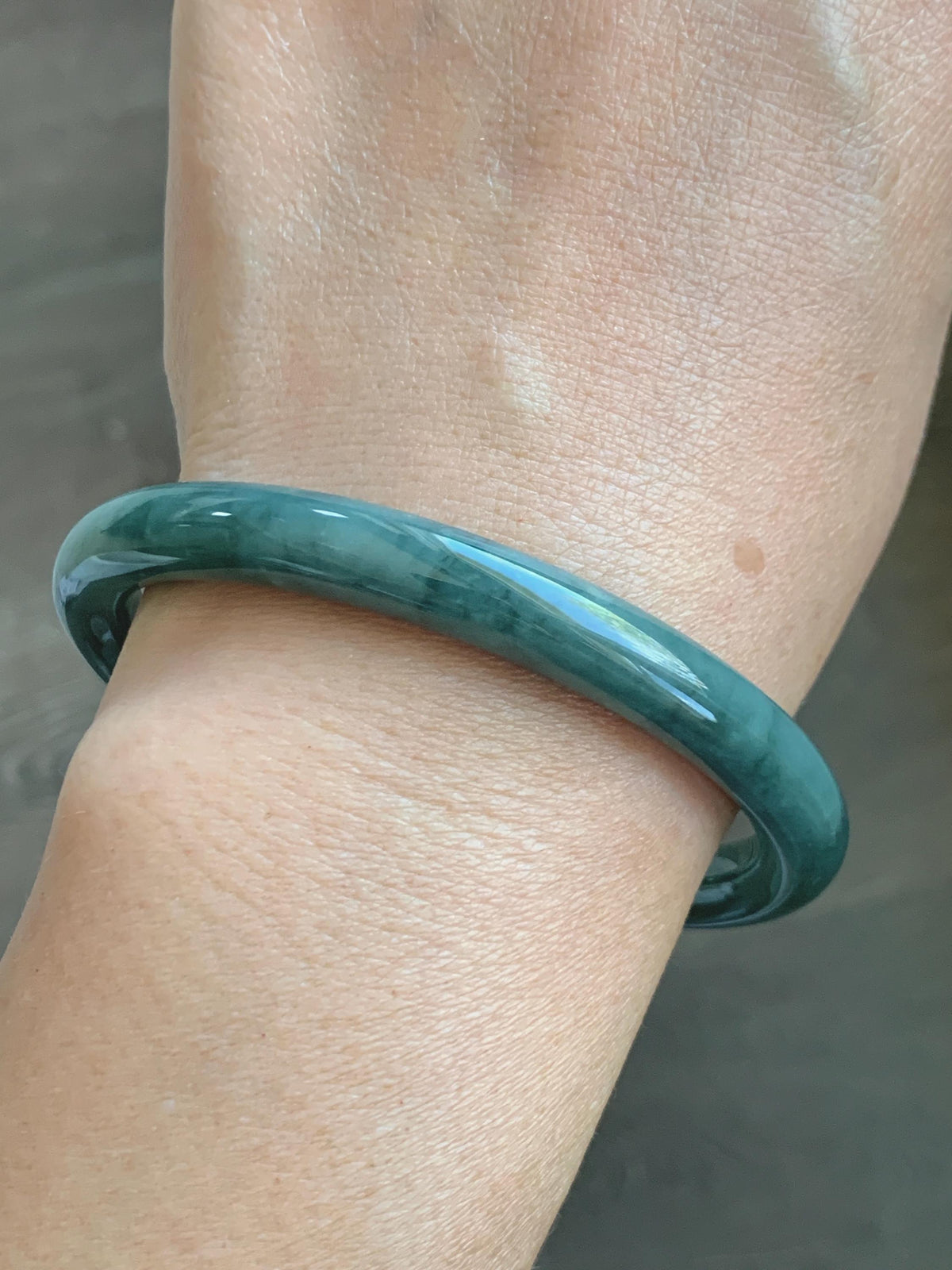 Certified Natural Grade A Guatemalan Icy Translucent Dark Dusty Teal Green Jade Jadeite Bangle Bracelet 59.4mm 7.34” 34g 天然冰危深蓝绿翡翠圆条手镯 976
