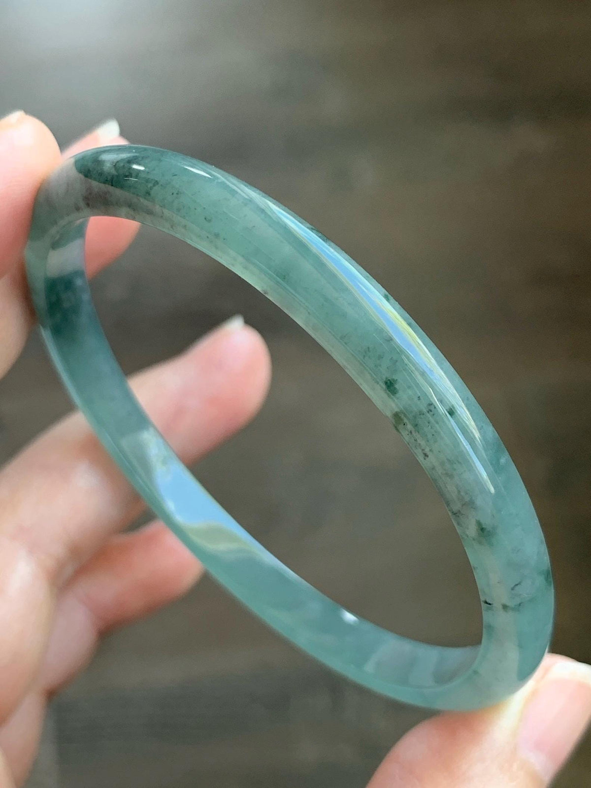 Certified Natural Grade A Guatemalan Icy Translucent Dusty Teal Green Wuji Jade Jadeite Slim Bangle 59.66mm 7.38” 19g 天然冰胶危蓝绿乌鸡翡翠细圆条手镯 952