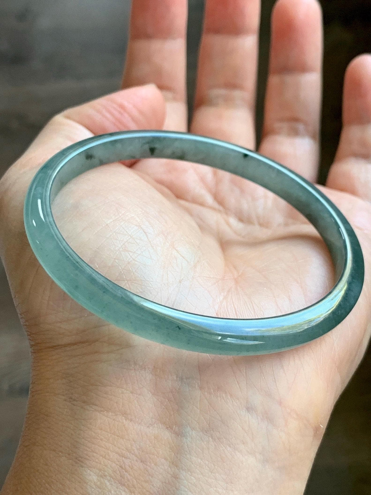 Certified Natural Grade A Guatemalan Icy Translucent Dusty Teal Green Wuji Jade Jadeite Slim Bangle 59.66mm 7.38” 19g 天然冰胶危蓝绿乌鸡翡翠细圆条手镯 952