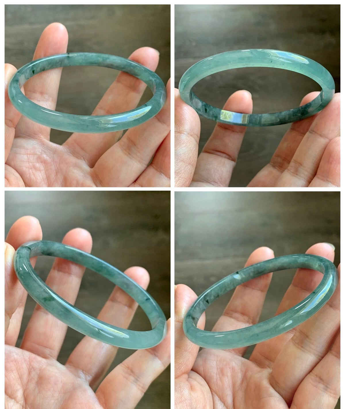 Certified Natural Grade A Guatemalan Icy Translucent Dusty Teal Green Wuji Jade Jadeite Slim Bangle 59.66mm 7.38” 19g 天然冰胶危蓝绿乌鸡翡翠细圆条手镯 952