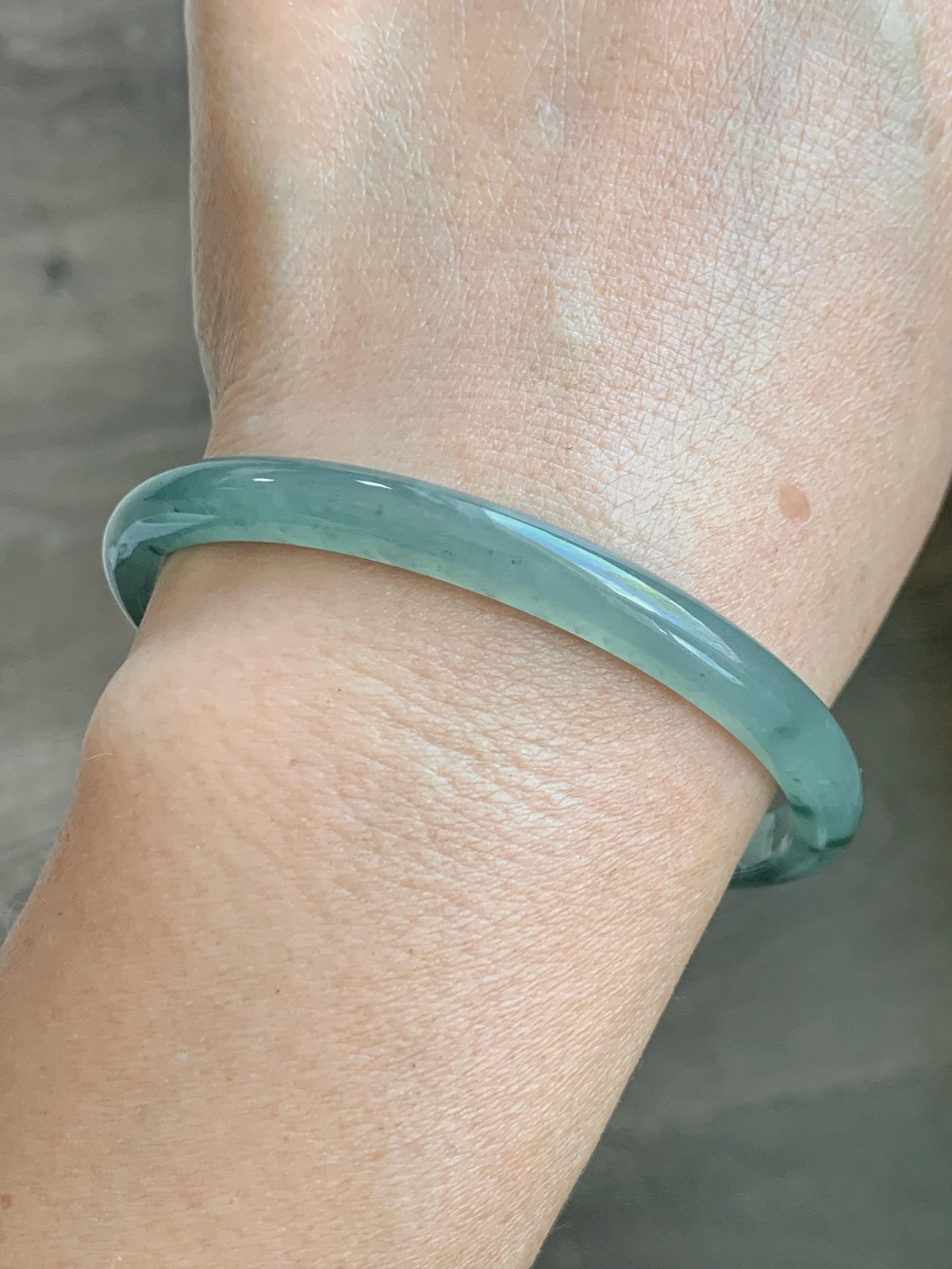 Certified Natural Grade A Guatemalan Icy Translucent Dusty Teal Green Wuji Jade Jadeite Slim Bangle 59.66mm 7.38” 19g 天然冰胶危蓝绿乌鸡翡翠细圆条手镯 952