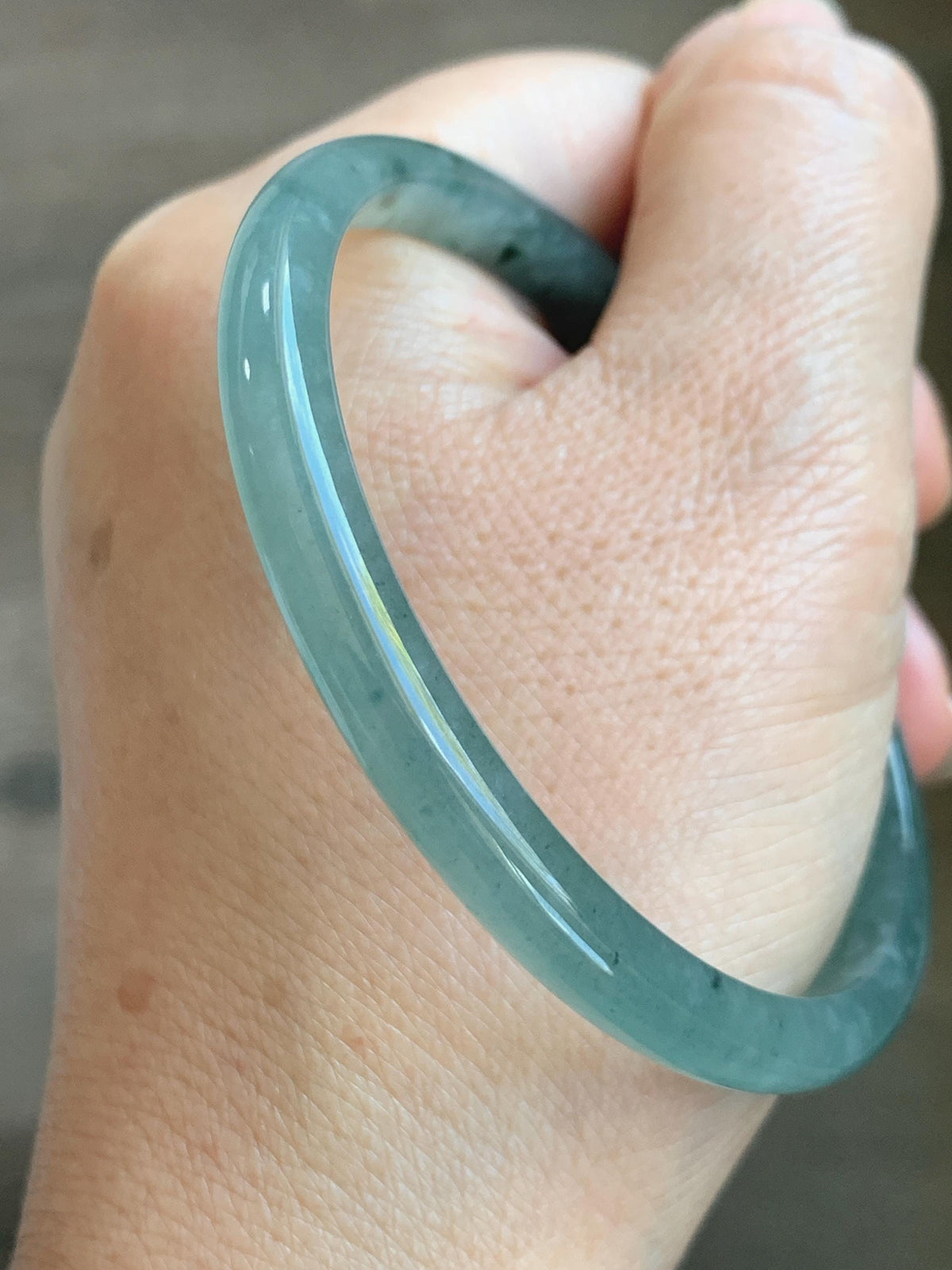 Certified Natural Grade A Guatemalan Icy Translucent Dusty Teal Green Wuji Jade Jadeite Slim Bangle 59.66mm 7.38” 19g 天然冰胶危蓝绿乌鸡翡翠细圆条手镯 952