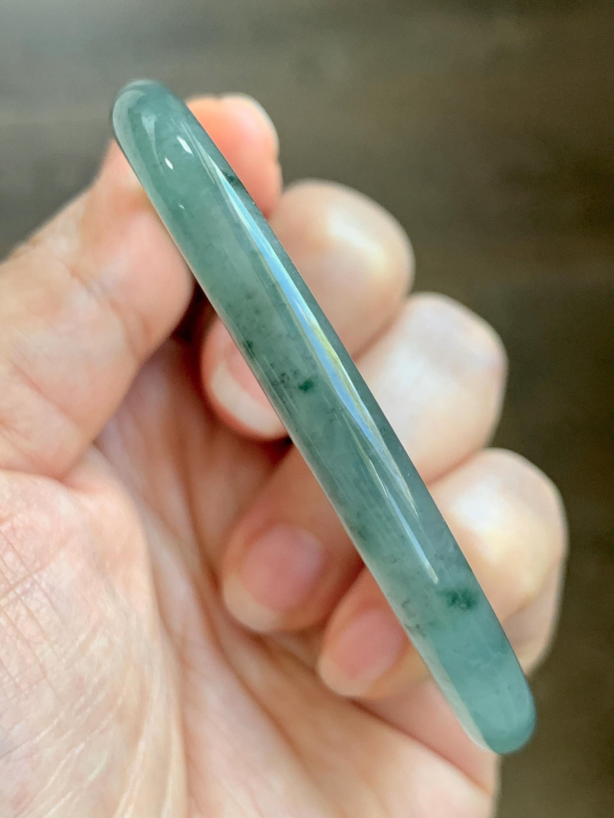 Certified Natural Grade A Guatemalan Icy Translucent Dusty Teal Green Wuji Jade Jadeite Slim Bangle 59.66mm 7.38” 19g 天然冰胶危蓝绿乌鸡翡翠细圆条手镯 952