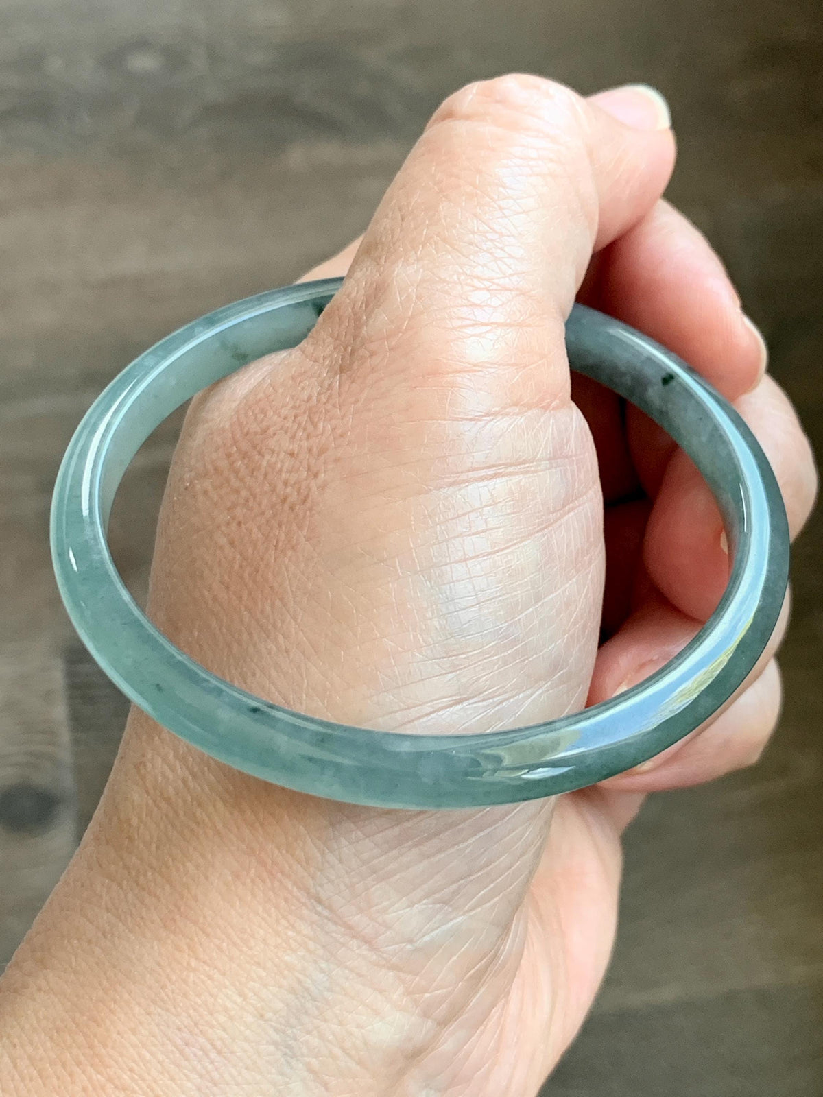 Certified Natural Grade A Guatemalan Icy Translucent Dusty Teal Green Wuji Jade Jadeite Slim Bangle 59.66mm 7.38” 19g 天然冰胶危蓝绿乌鸡翡翠细圆条手镯 952