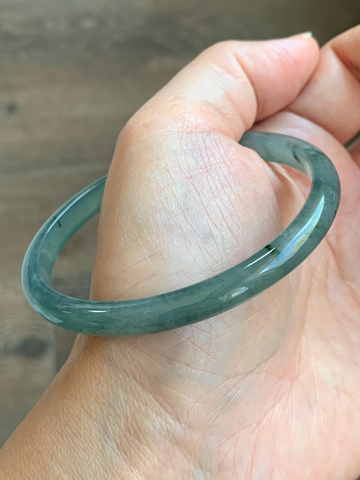 Certified Natural Grade A Guatemalan Icy Translucent Dusty Teal Green Wuji Jade Jadeite Slim Bangle 59.66mm 7.38” 19g 天然冰胶危蓝绿乌鸡翡翠细圆条手镯 952