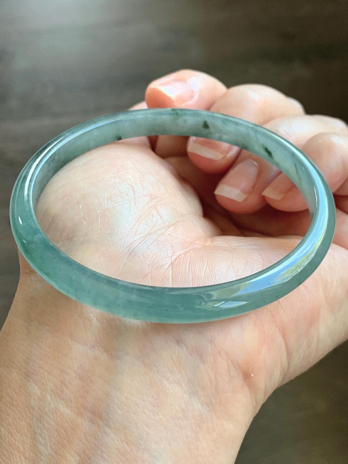 Certified Natural Grade A Guatemalan Icy Translucent Dusty Teal Green Wuji Jade Jadeite Slim Bangle 59.66mm 7.38” 19g 天然冰胶危蓝绿乌鸡翡翠细圆条手镯 952