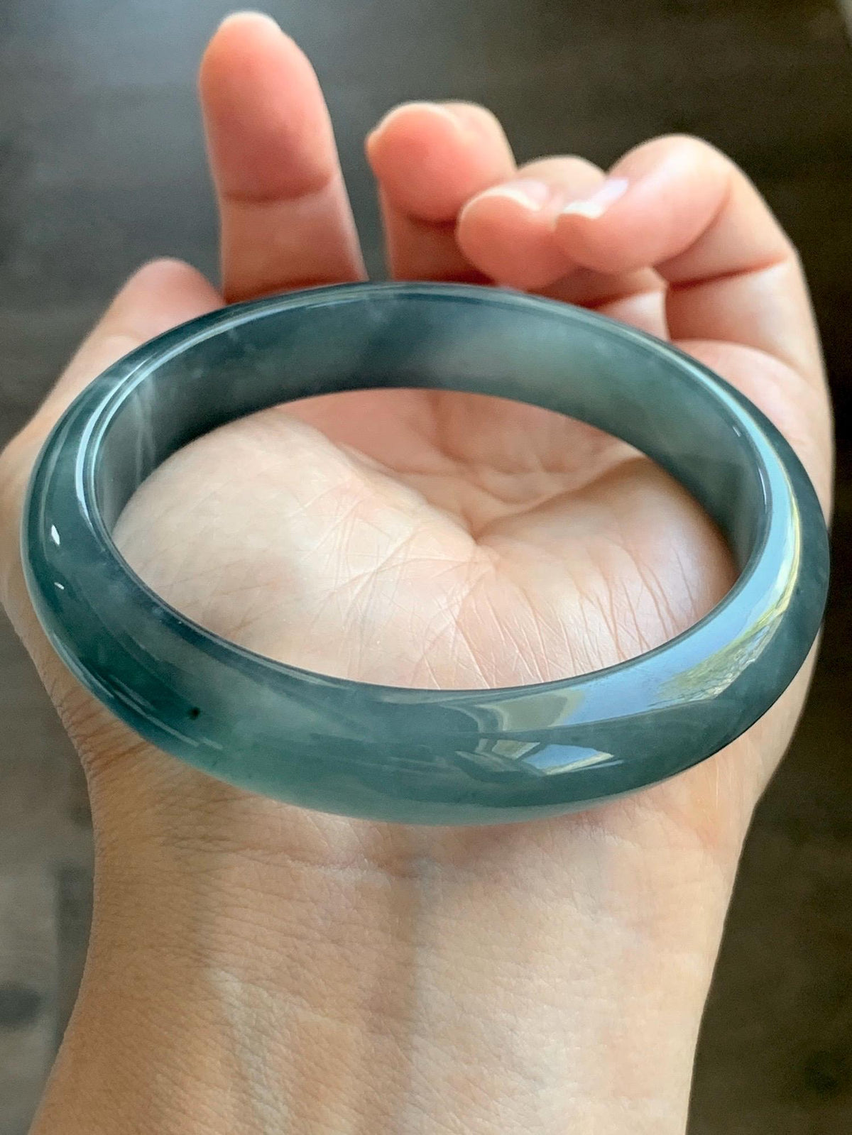 Certified Natural Grade A Guatemalan Icy Translucent Dark Dusty Aegean Blue Jade Jadeite Wide Bangle 58.58mm 7.24” 47g 天然冰危深蓝翡翠正圈宽版手镯 984
