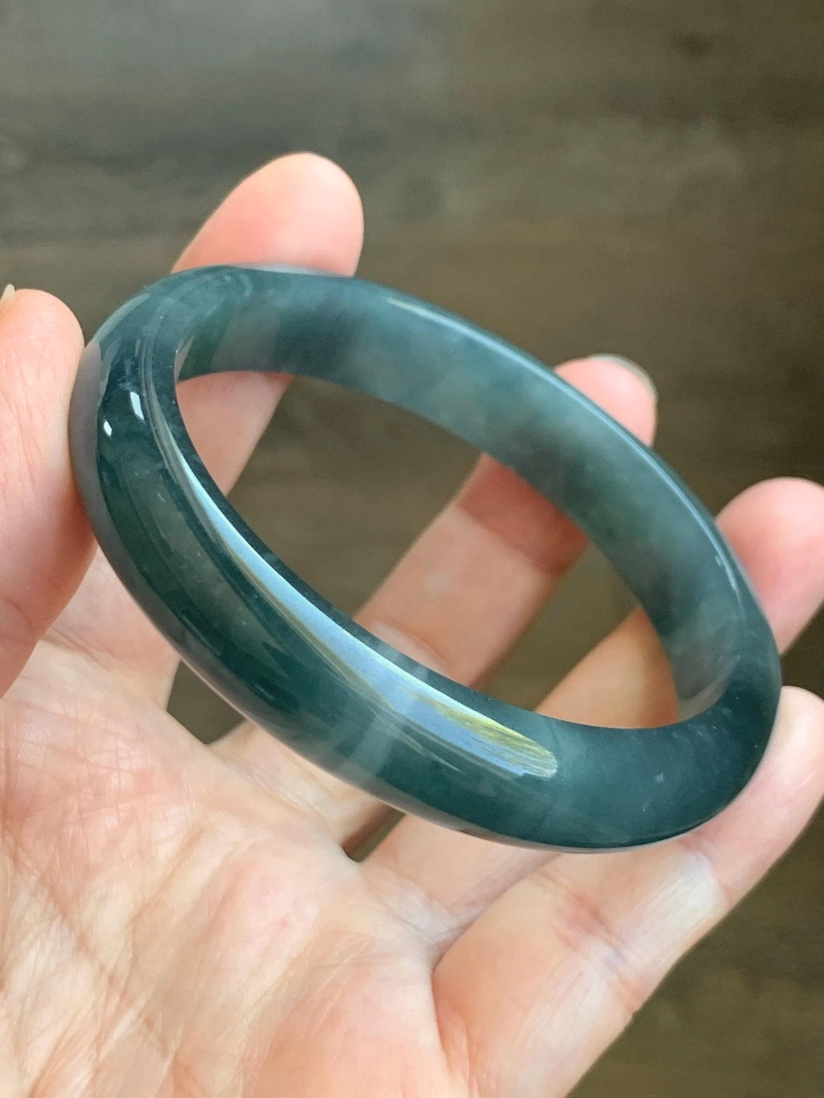 Certified Natural Grade A Guatemalan Icy Translucent Dark Dusty Aegean Blue Jade Jadeite Wide Bangle 58.58mm 7.24” 47g 天然冰危深蓝翡翠正圈宽版手镯 984