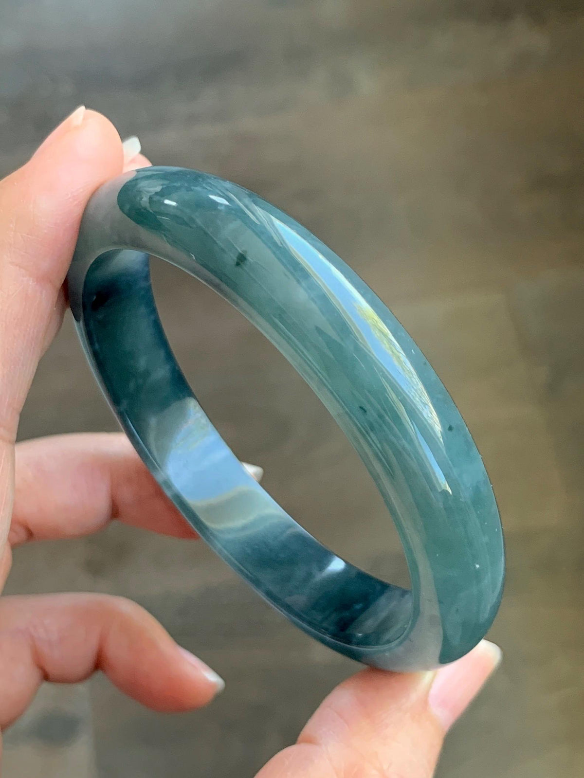 Certified Natural Grade A Guatemalan Icy Translucent Dark Dusty Aegean Blue Jade Jadeite Wide Bangle 58.58mm 7.24” 47g 天然冰危深蓝翡翠正圈宽版手镯 984