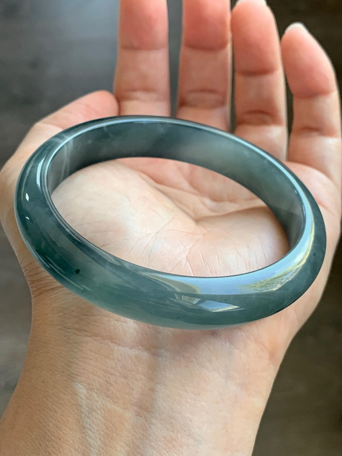 Certified Natural Grade A Guatemalan Icy Translucent Dark Dusty Aegean Blue Jade Jadeite Wide Bangle 58.58mm 7.24” 47g 天然冰危深蓝翡翠正圈宽版手镯 984