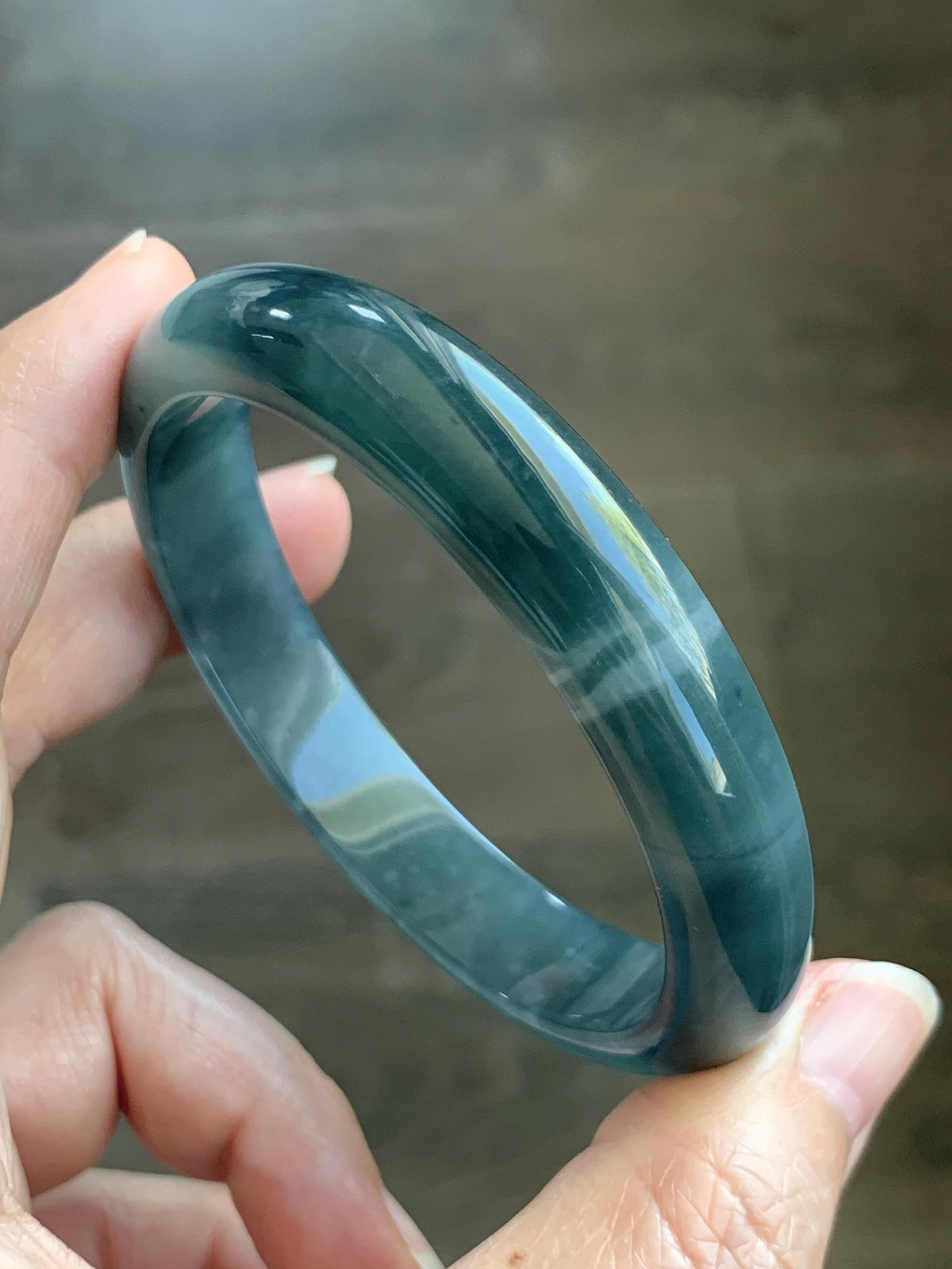Certified Natural Grade A Guatemalan Icy Translucent Dark Dusty Aegean Blue Jade Jadeite Wide Bangle 58.58mm 7.24” 47g 天然冰危深蓝翡翠正圈宽版手镯 984