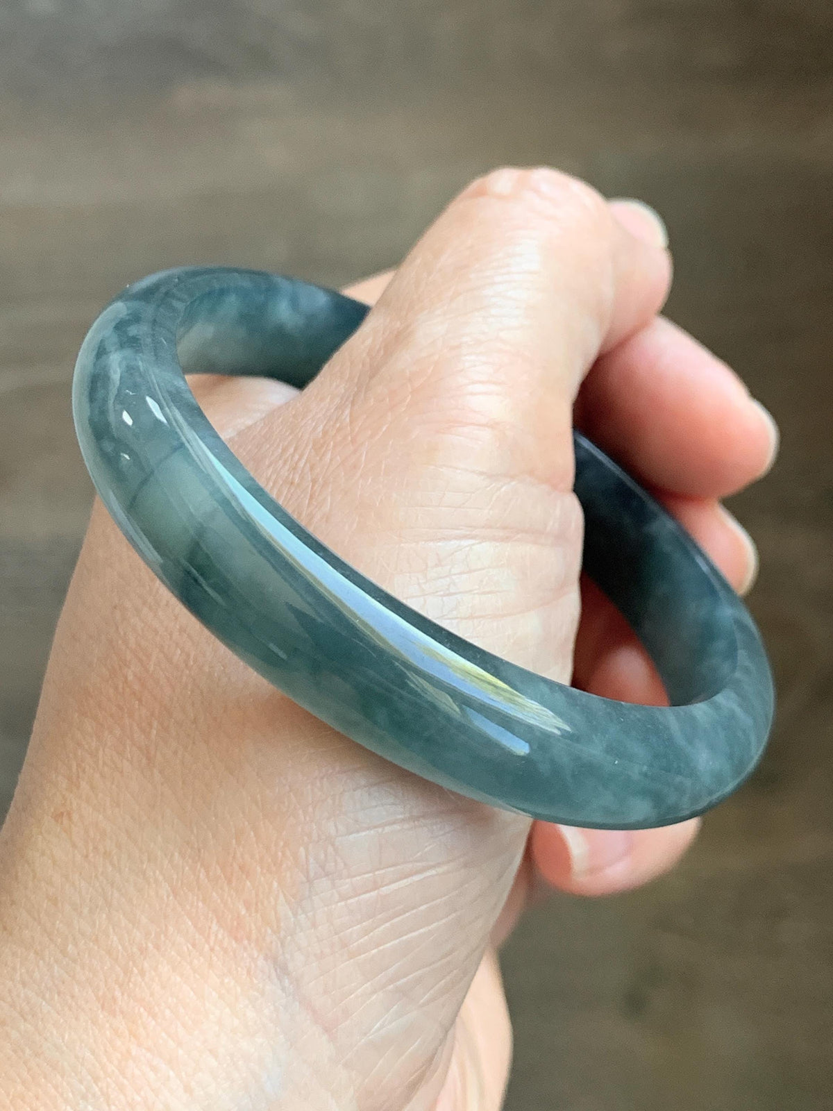 Certified Natural Grade A Guatemalan Icy Translucent Dark Dusty Aegean Blue Jade Jadeite Wide Bangle 59.3mm 7.33” 43g 天然冰危深蓝翡翠正圈宽版手镯 985